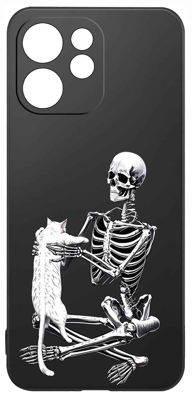 Czarne etui z nadrukiem szkieletu trzymającego kota. Etui posiada wycięcia na aparat i inne elementy telefonu.
