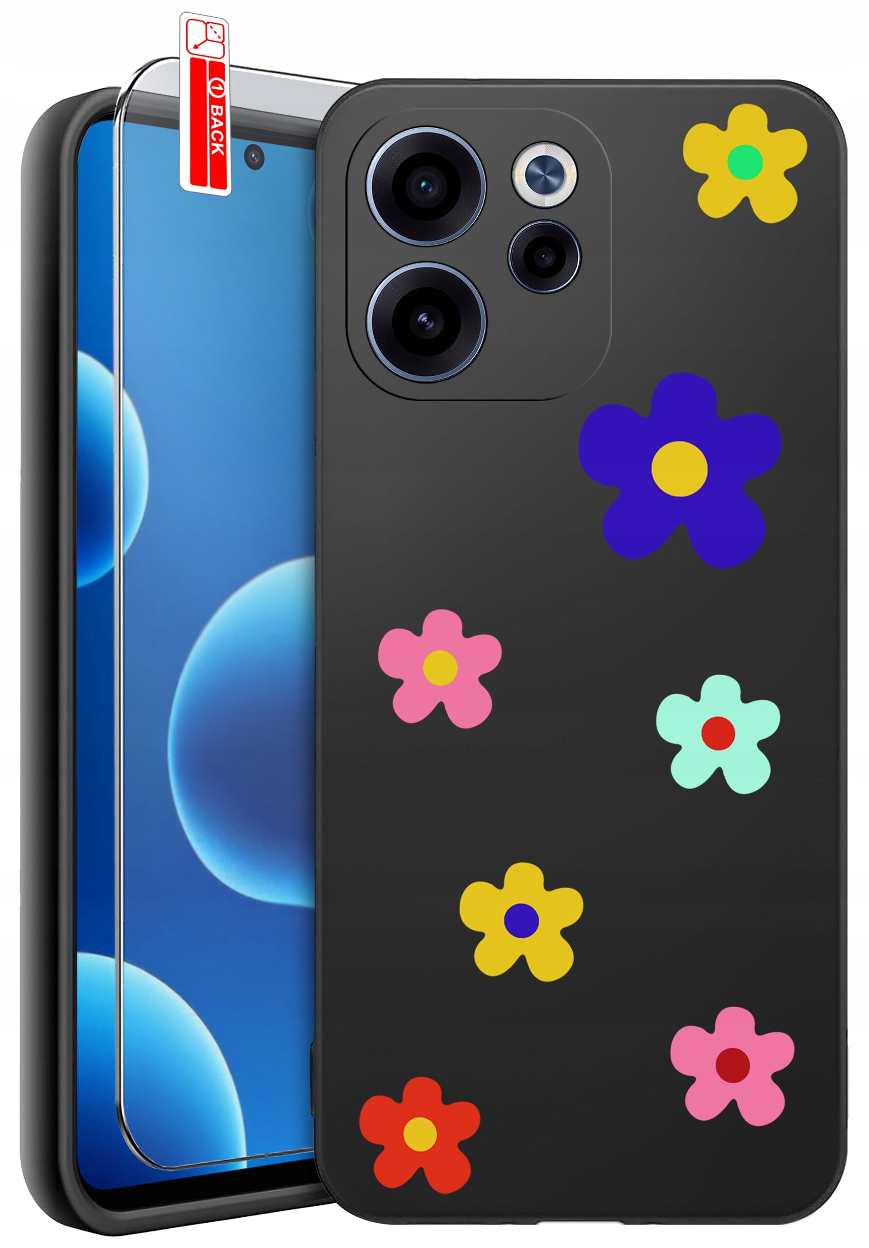 Czarne etui na telefon z kolorowymi kwiatowymi wzorami oraz szkło ochronne z oznaczeniem \'BACK\'.
