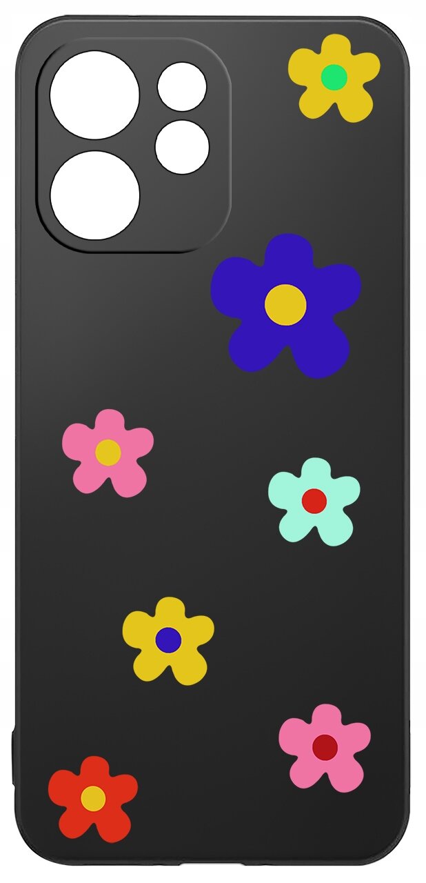 Czarne etui na telefon z kolorowymi kwiatowymi wzorami w różnych kolorach, takich jak żółty, różowy, niebieski i czerwony. Etui ma wycięcia na aparat i przyciski.