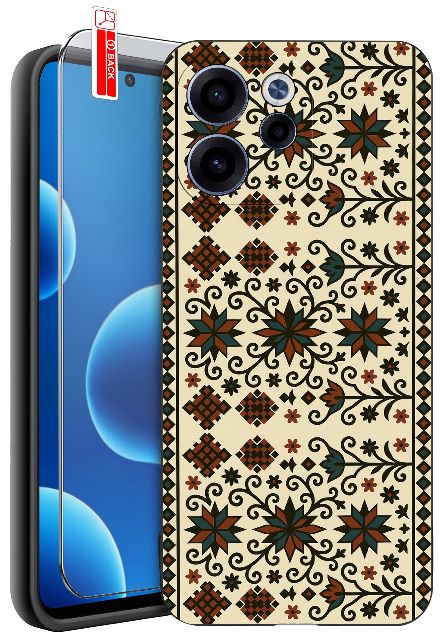 Etui na telefon z wzorem w stylu etnicznym, z motywami kwiatowymi i geometrycznymi w kolorach brązu i zieleni. Obok etui znajduje się szkło ochronne z napisem \'BACK\'.