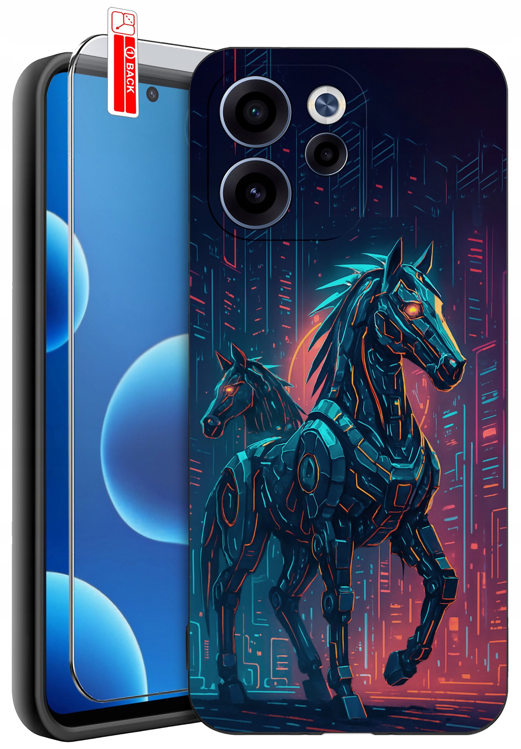Etui na telefon z grafiką przedstawiającą dwa futurystyczne konie w stylu cyberpunkowym. Obok etui znajduje się szkło ochronne z oznaczeniem \'BACK\'.