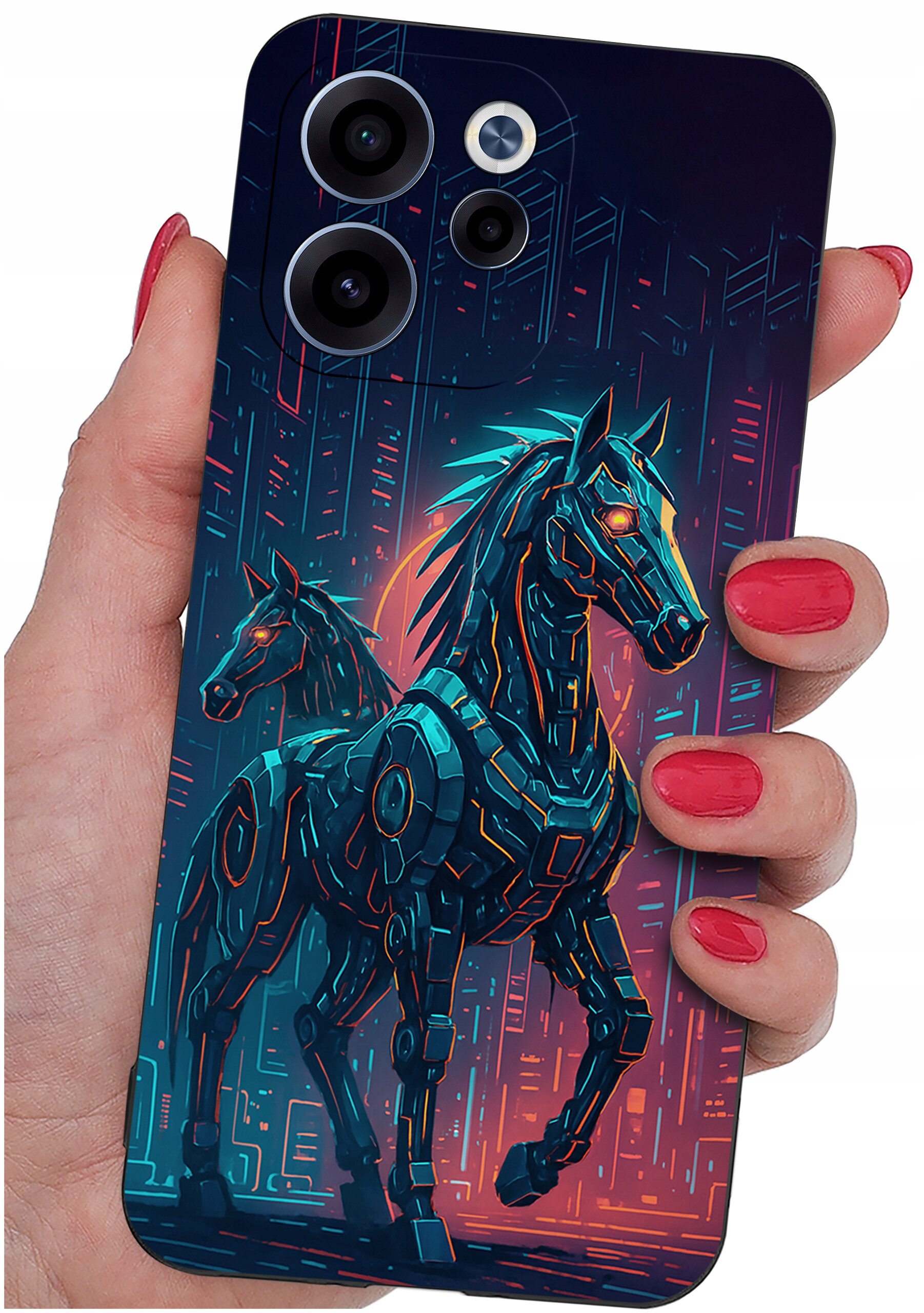 Etui na telefon z grafiką przedstawiającą dwa futurystyczne konie w stylu cyberpunkowym. W tle widoczne są abstrakcyjne wzory przypominające miasto nocą.
