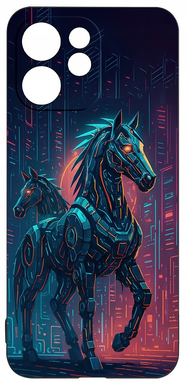 Etui na telefon z grafiką przedstawiającą dwa futurystyczne konie w stylu cyberpunkowym, na tle neonowych budynków. Kolory dominujące to niebieski, pomarańczowy i różowy.