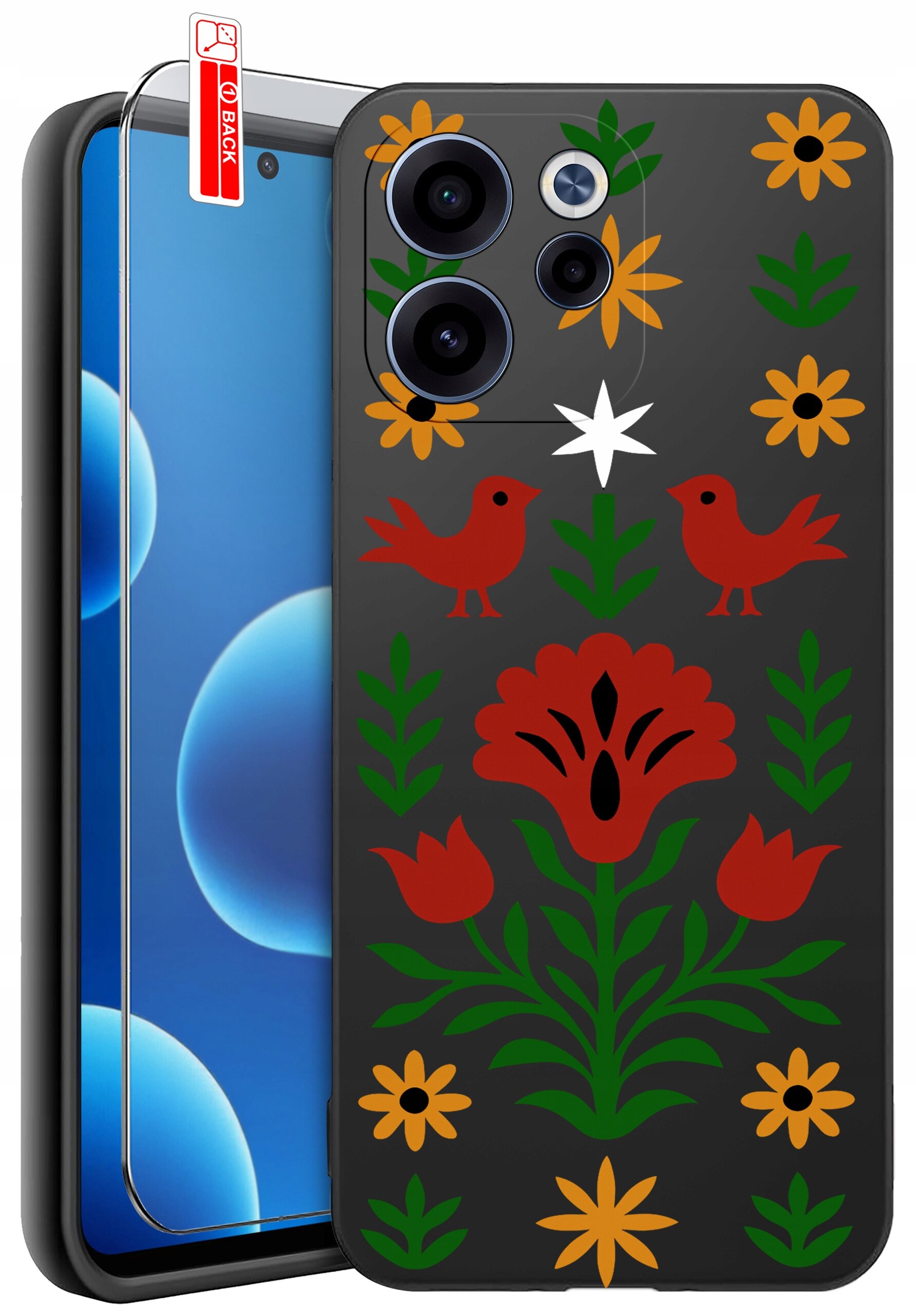 Etui na telefon z kolorowym wzorem kwiatów i ptaków na ciemnym tle, obok znajduje się szkło ochronne z oznaczeniem \'BACK\'.