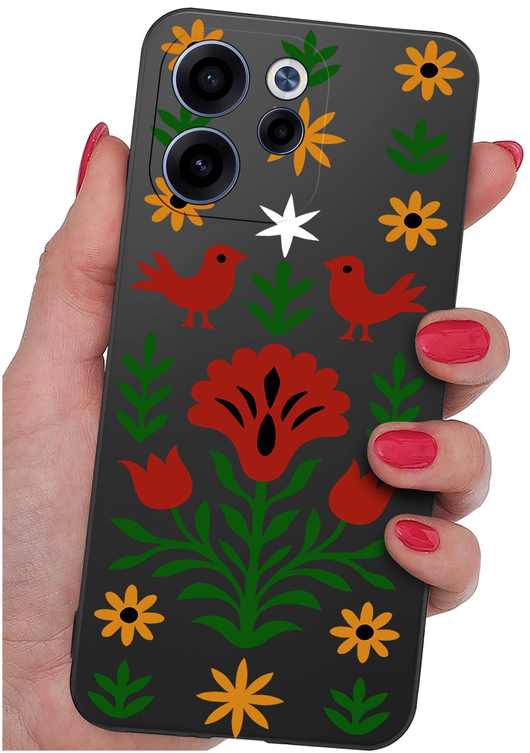 Etui na telefon z kolorowym wzorem kwiatów i ptaków, trzymane w dłoni z pomalowanymi na czerwono paznokciami. Etui ma wycięcia na trzy obiektywy aparatu i lampę błyskową.
