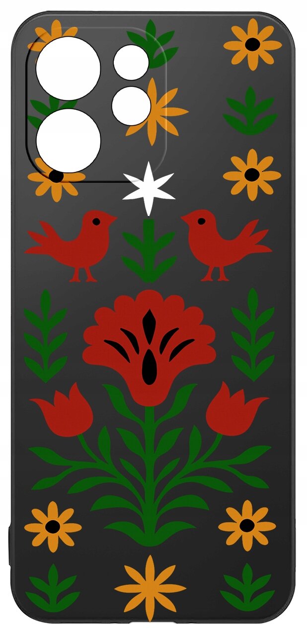 Etui na telefon z kolorowym wzorem przedstawiającym czerwone ptaki, kwiaty i zielone liście na czarnym tle. Wzór zawiera także pomarańczowe i białe elementy dekoracyjne.