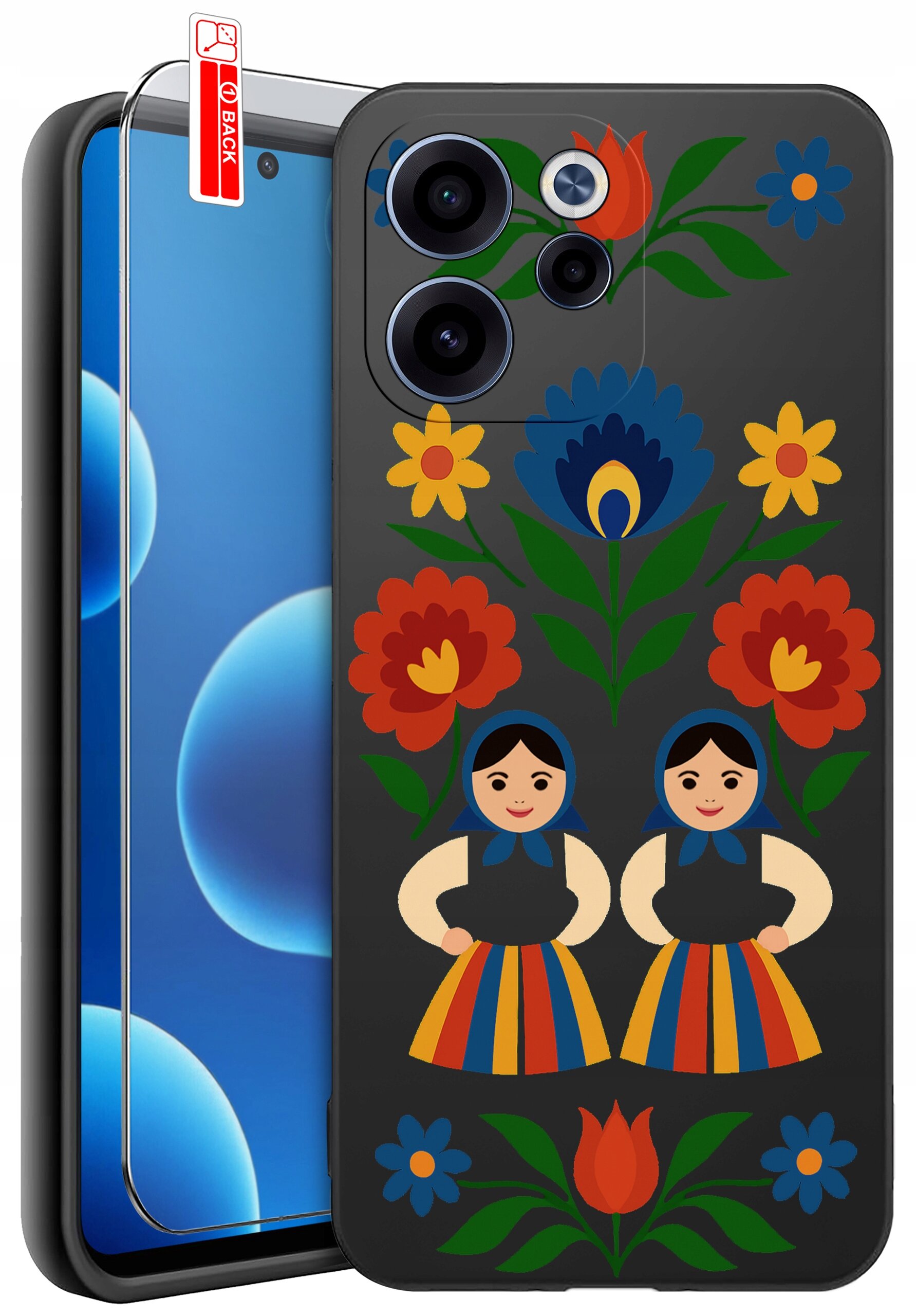 Etui na telefon z kolorowym wzorem przedstawiającym kwiaty i postacie w tradycyjnych strojach. Obok etui znajduje się szkło ochronne z oznaczeniem \'BACK\'.