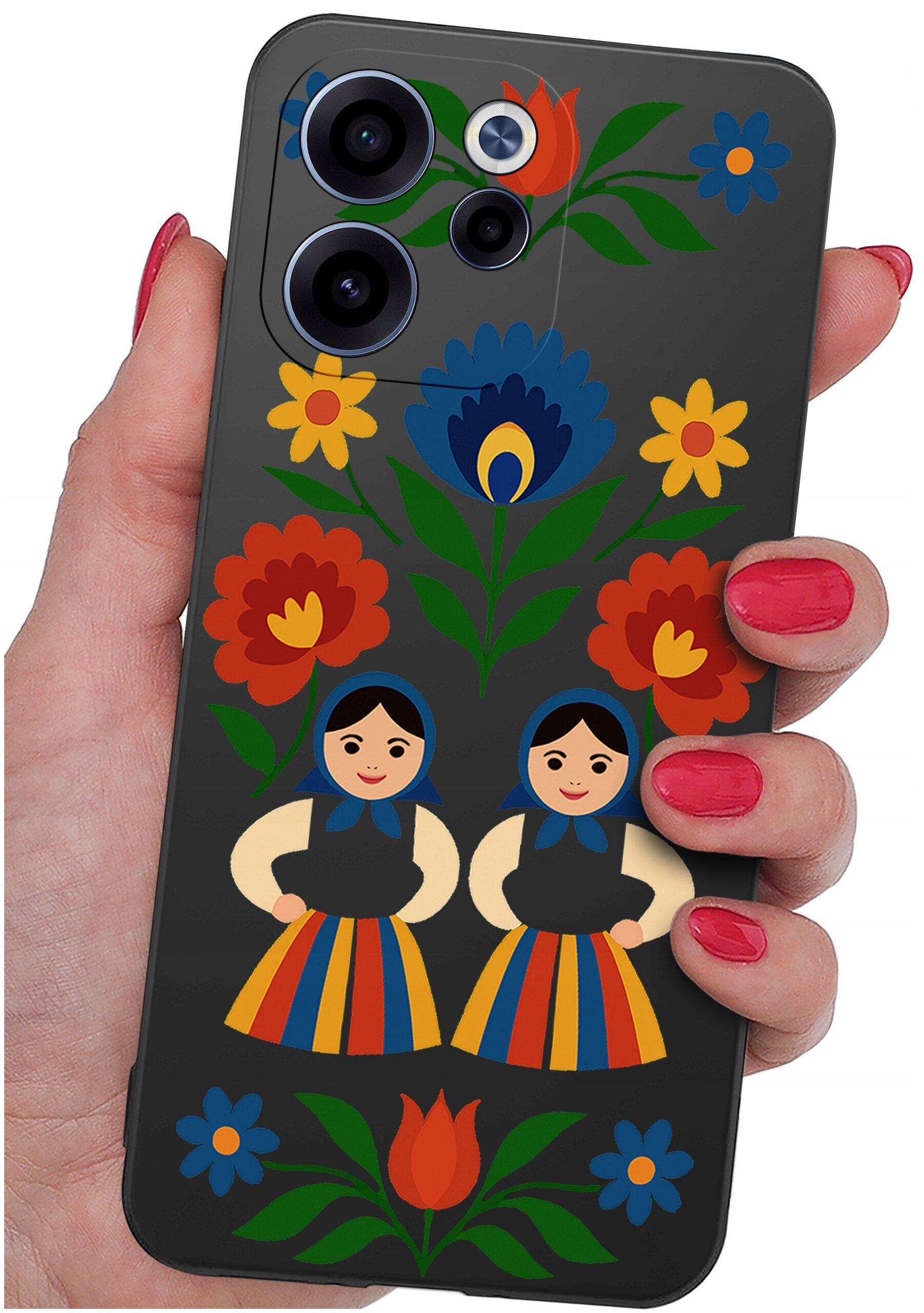 Etui na telefon z kolorowym wzorem przedstawiającym kwiaty i dwie postacie w tradycyjnych strojach. Etui jest trzymane w dłoni z pomalowanymi na czerwono paznokciami.