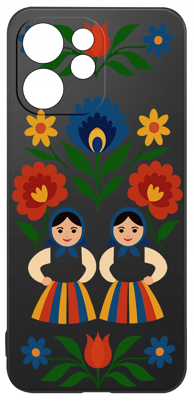 Etui na telefon z kolorowym wzorem ludowym, przedstawiającym kwiaty i dwie postacie w tradycyjnych strojach. Tło jest czarne, a wzory są w odcieniach czerwieni, niebieskiego, żółtego i zielonego.