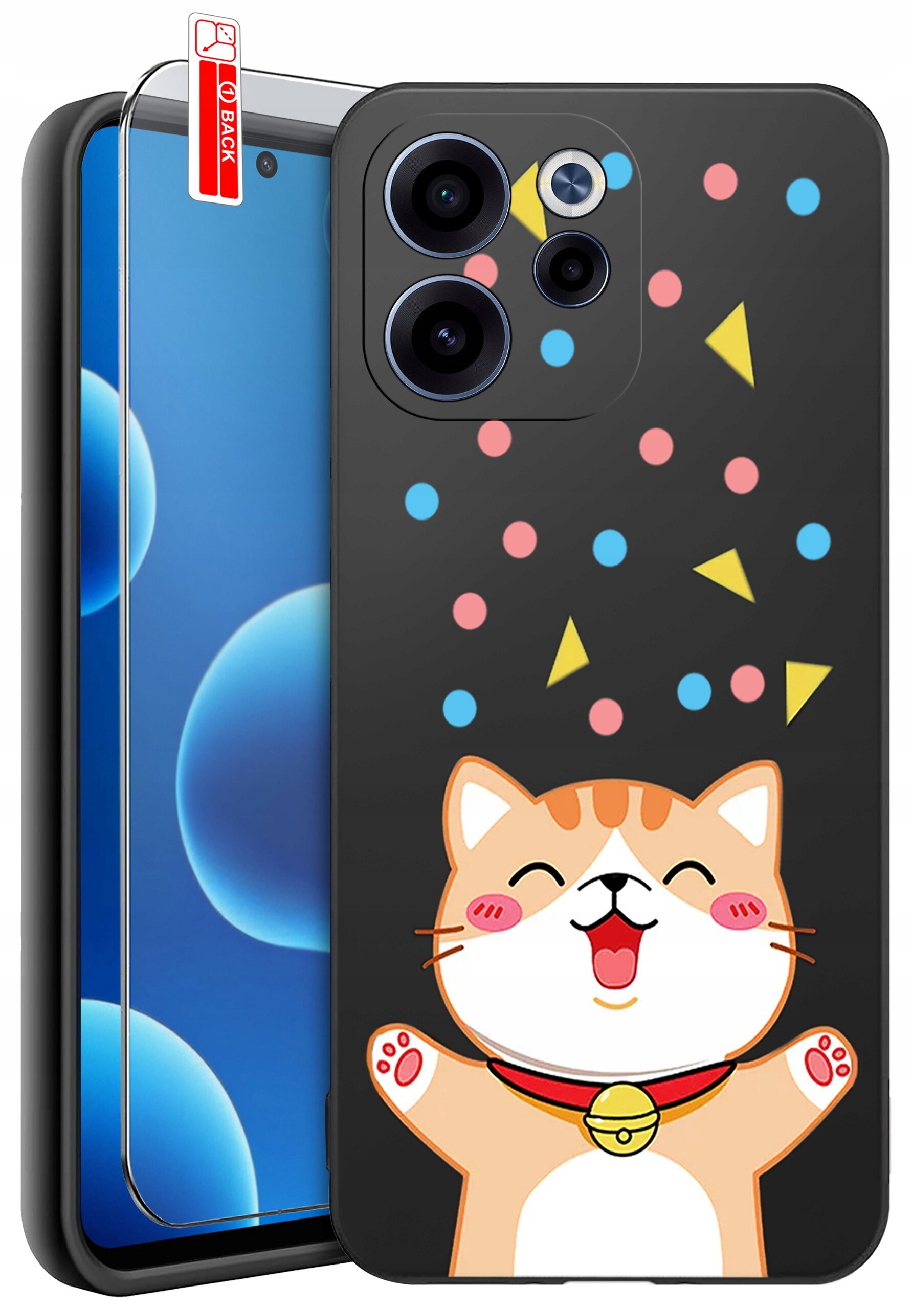 Etui na telefon z rysunkiem uśmiechniętego kota i kolorowymi kropkami oraz trójkątami na czarnym tle. Obok znajduje się szkło ochronne z napisem \'BACK\'.