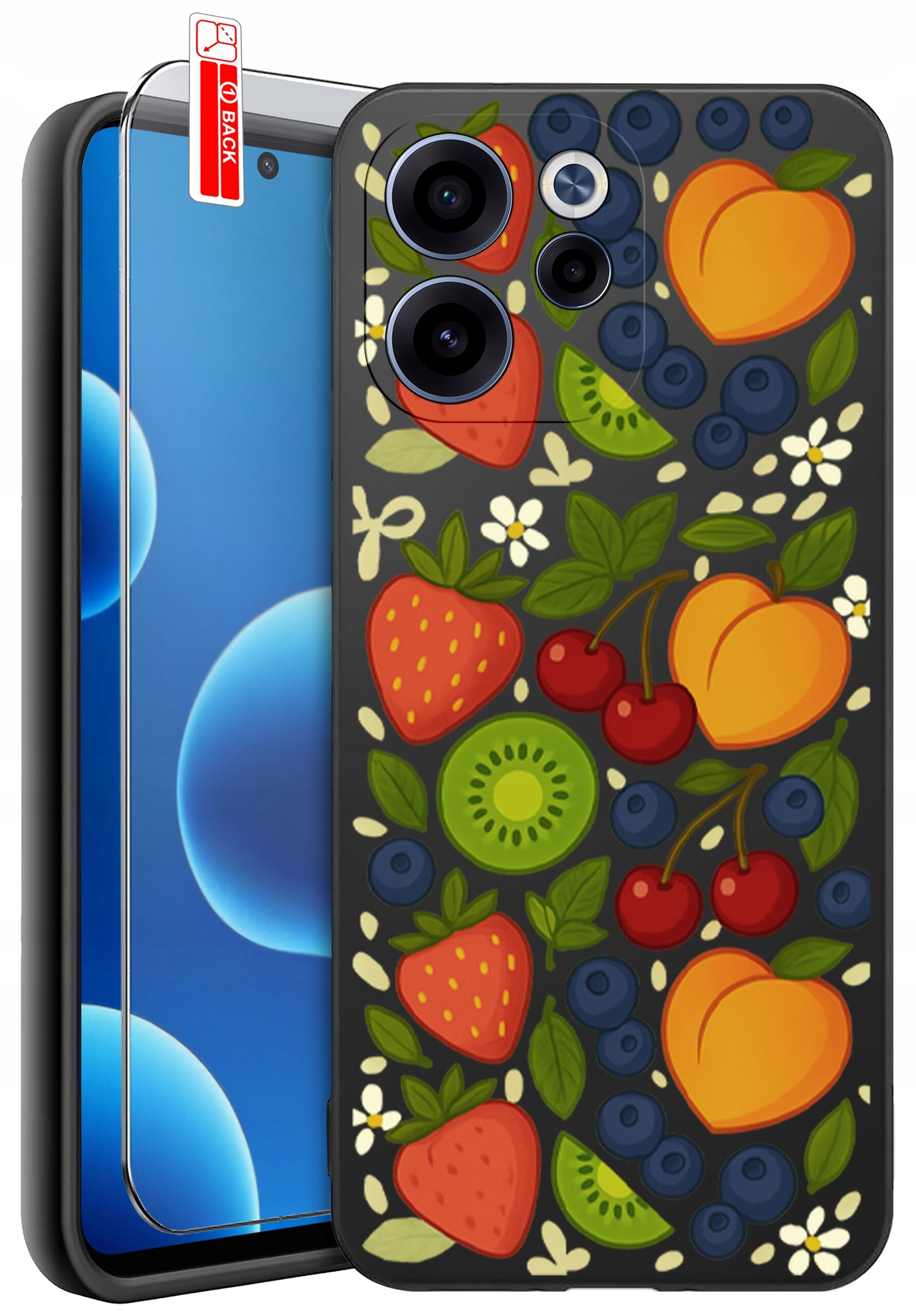 Etui na telefon z kolorowym wzorem owoców, takich jak truskawki, kiwi, wiśnie, brzoskwinie i jagody. Obok etui znajduje się szkło ochronne z napisem \'BACK\'.