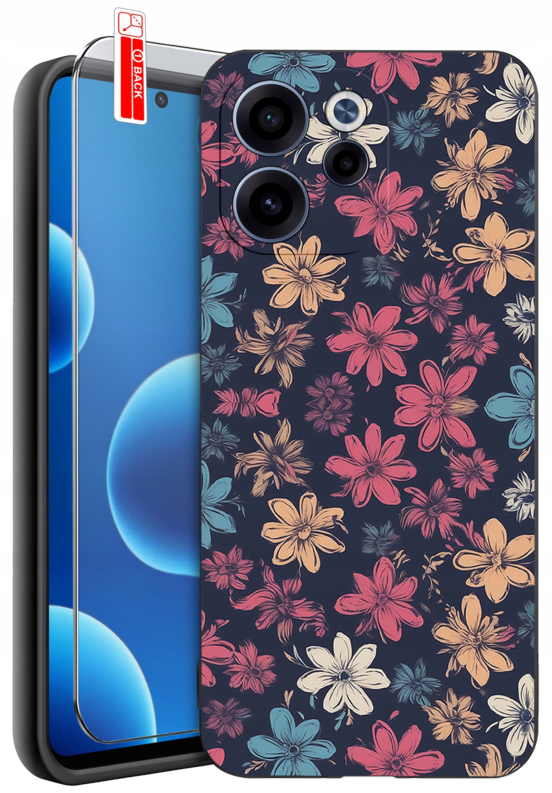 Etui na telefon z kolorowym wzorem kwiatowym oraz szkło ochronne z napisem \'BACK\'.