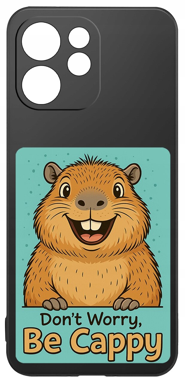 Czarne etui na telefon z grafiką uśmiechniętego gryzonia na niebieskim tle oraz napisem \'Don\'t Worry, Be Cappy\'.