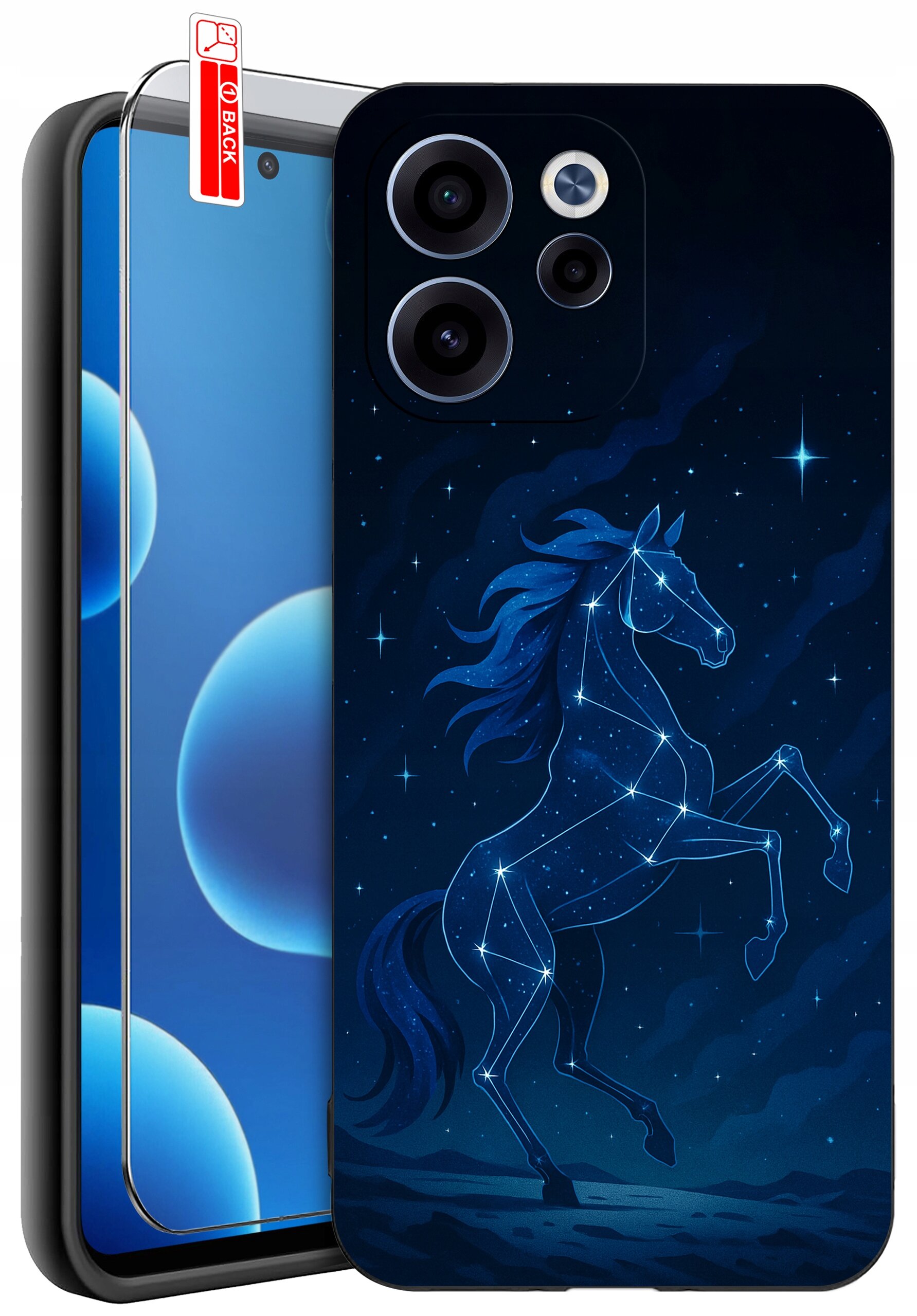 Etui na telefon z grafiką przedstawiającą konstelację w kształcie konia na tle nocnego nieba. Obok etui znajduje się szkło ochronne z etykietą \'BACK\'.