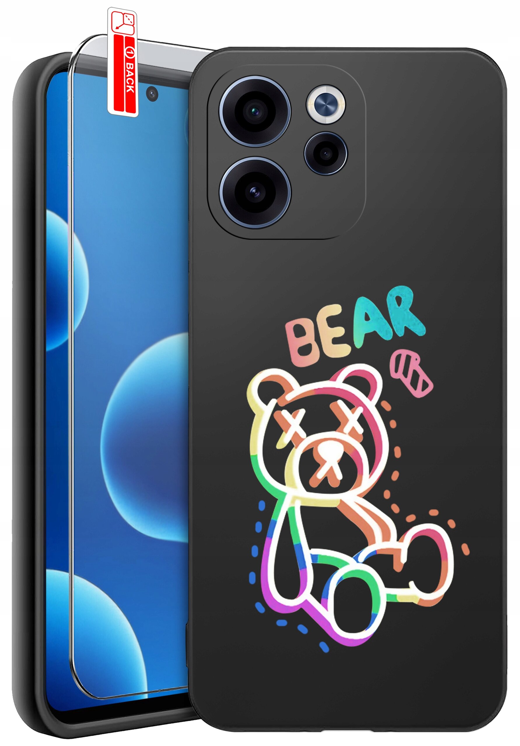 Czarne etui na telefon z kolorowym rysunkiem misia i napisem \'BEAR\'. Obok znajduje się szkło ochronne z czerwoną naklejką \'BACK\'.