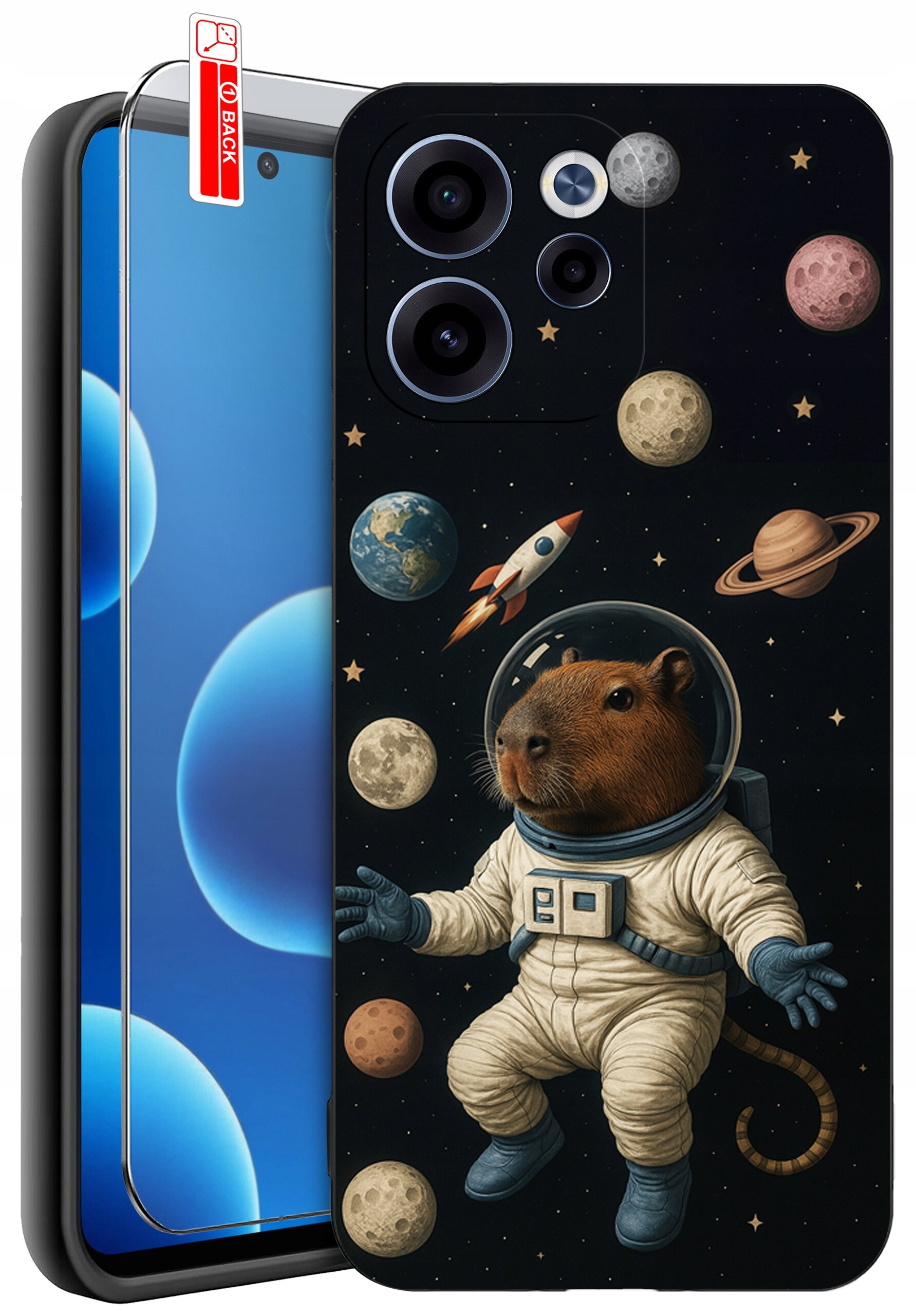 Etui na telefon z grafiką przedstawiającą zwierzę w skafandrze kosmicznym, otoczone planetami i rakietą na tle kosmosu. Obok etui znajduje się szkło ochronne z oznaczeniem \'BACK\'.