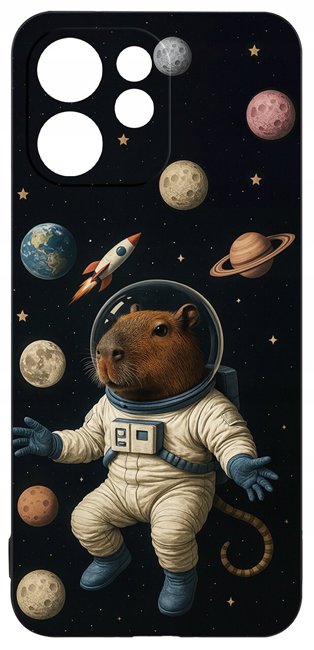Etui na telefon z grafiką przedstawiającą zwierzę w skafandrze kosmicznym, otoczone planetami i rakietą na tle gwiazd.