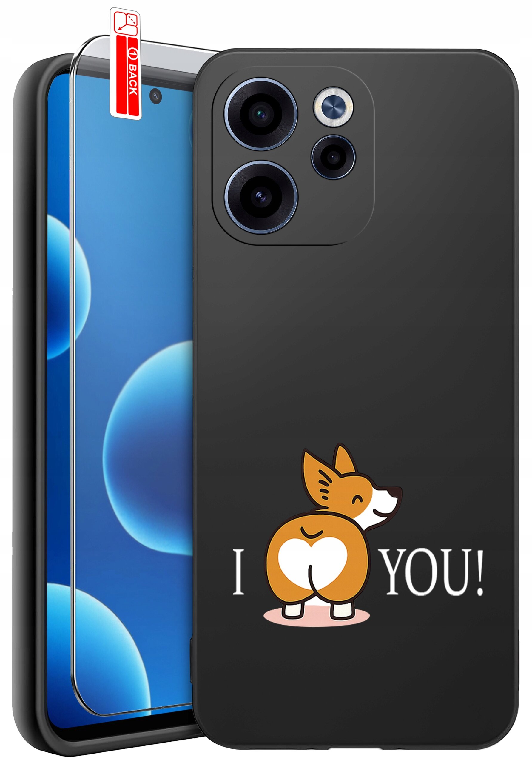 Czarne etui z nadrukiem psa i napisem \'I ❤️ YOU!\' oraz szkło ochronne na ekran telefonu.