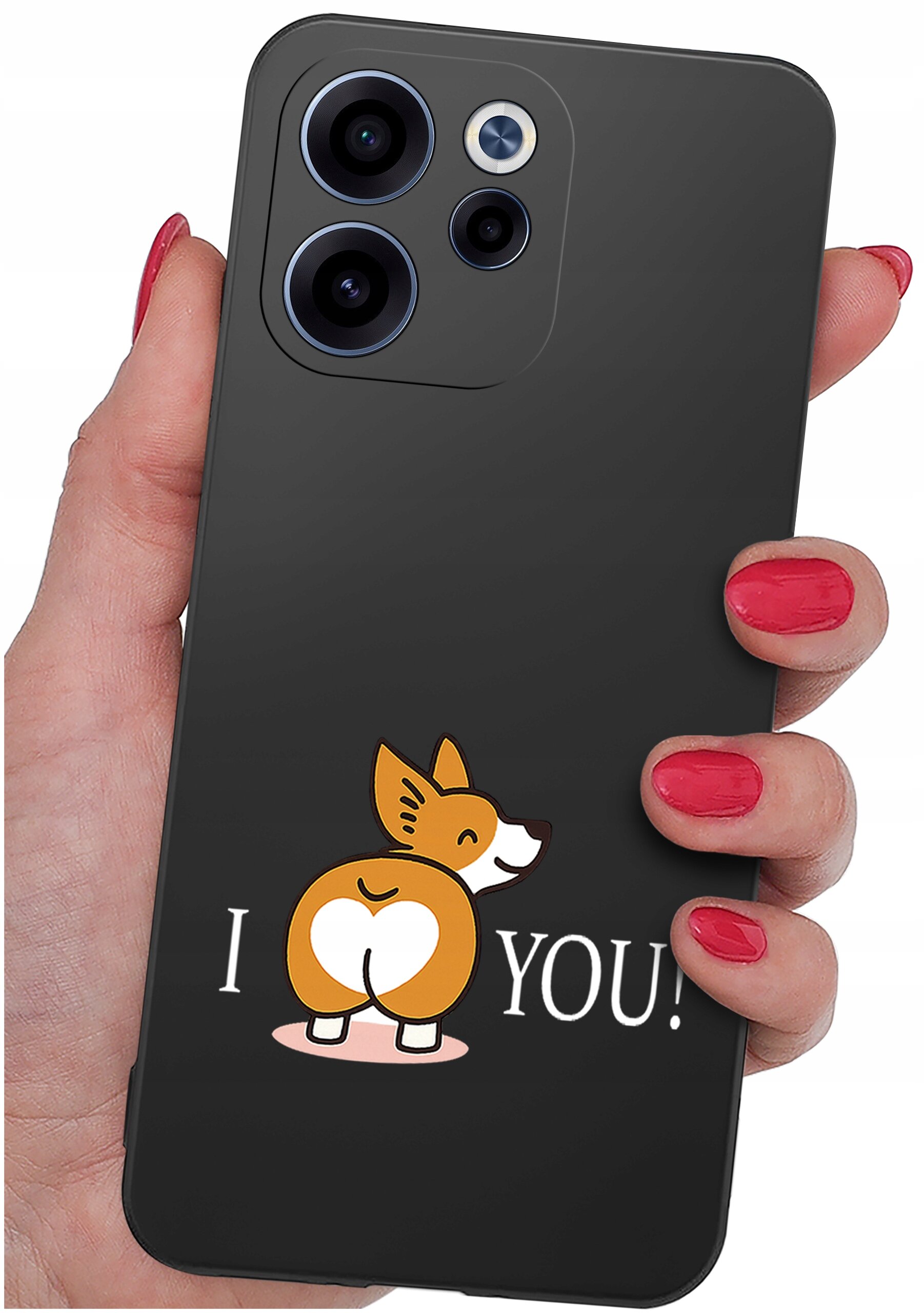 Czarna obudowa telefonu z nadrukiem przedstawiającym rysunkowego psa z sercem na tylnej części ciała oraz napisem \'I YOU!\'. Obudowa jest trzymana w dłoni z pomalowanymi na czerwono paznokciami.