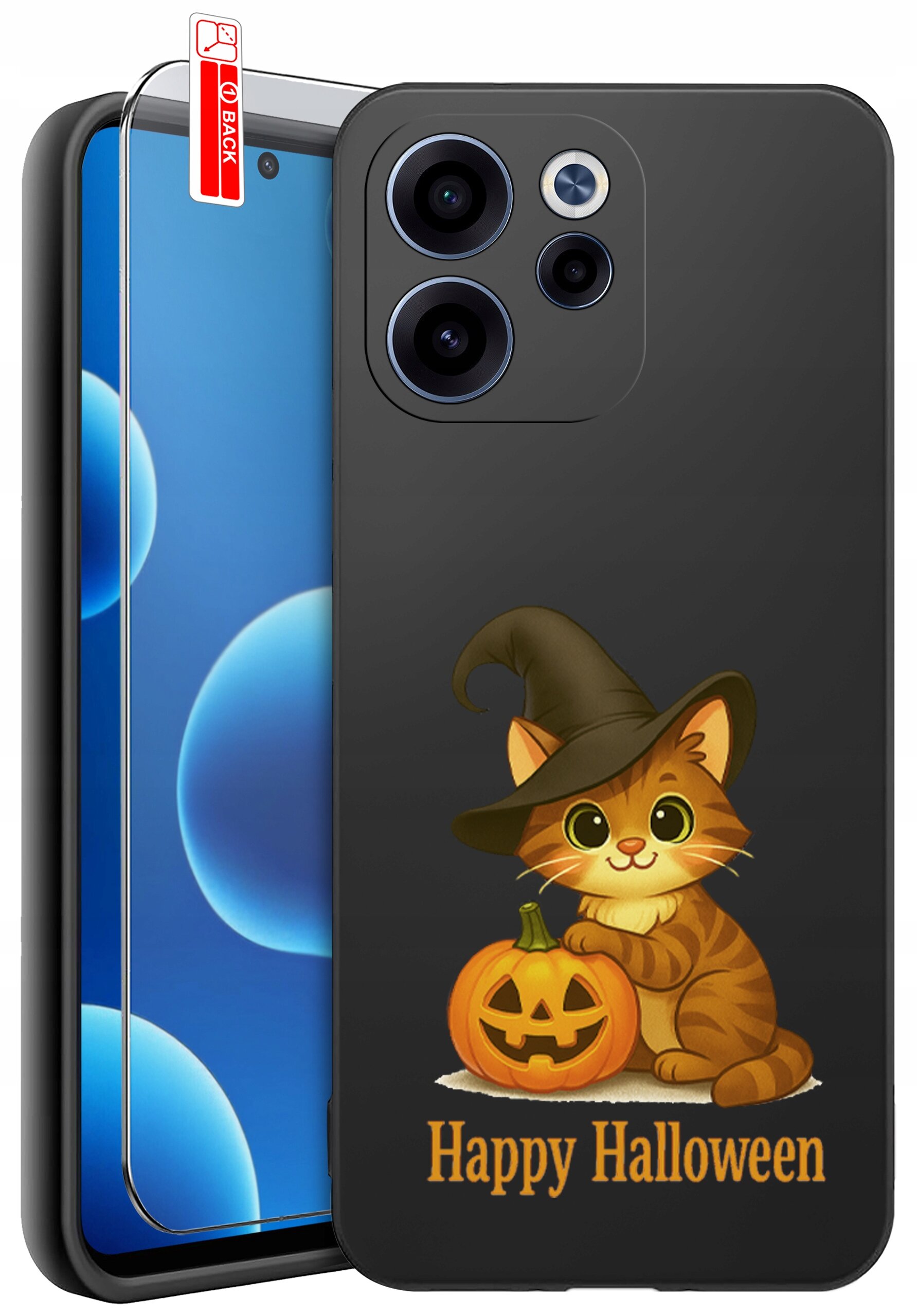 Etui na telefon z grafiką kota w czarowniczym kapeluszu obok dyni oraz napisem \'Happy Halloween\'. Obok etui znajduje się szkło ochronne z oznaczeniem \'BACK\'.