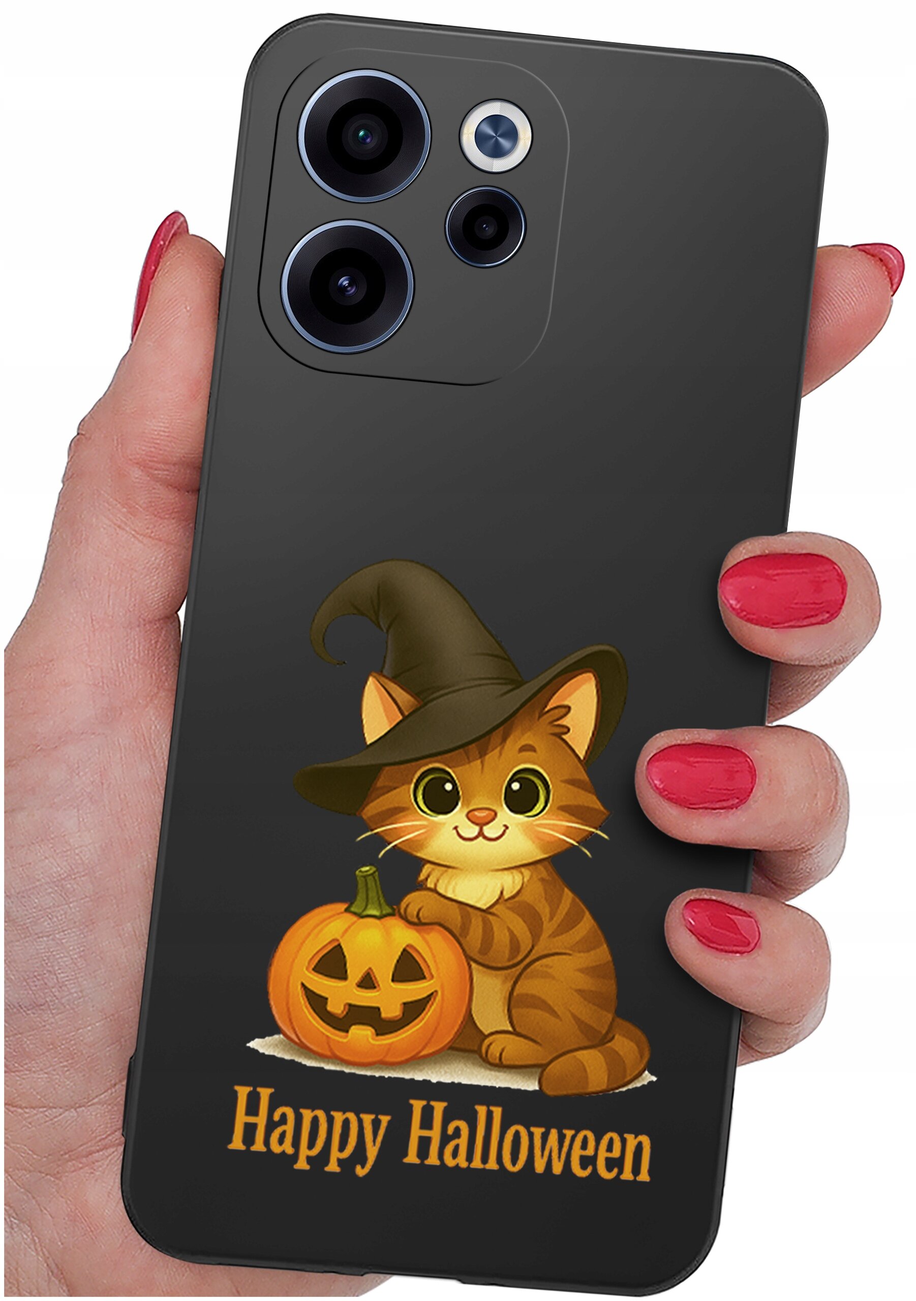 Etui na telefon z grafiką kota w kapeluszu czarownicy obok dyni oraz napisem \'Happy Halloween\'.