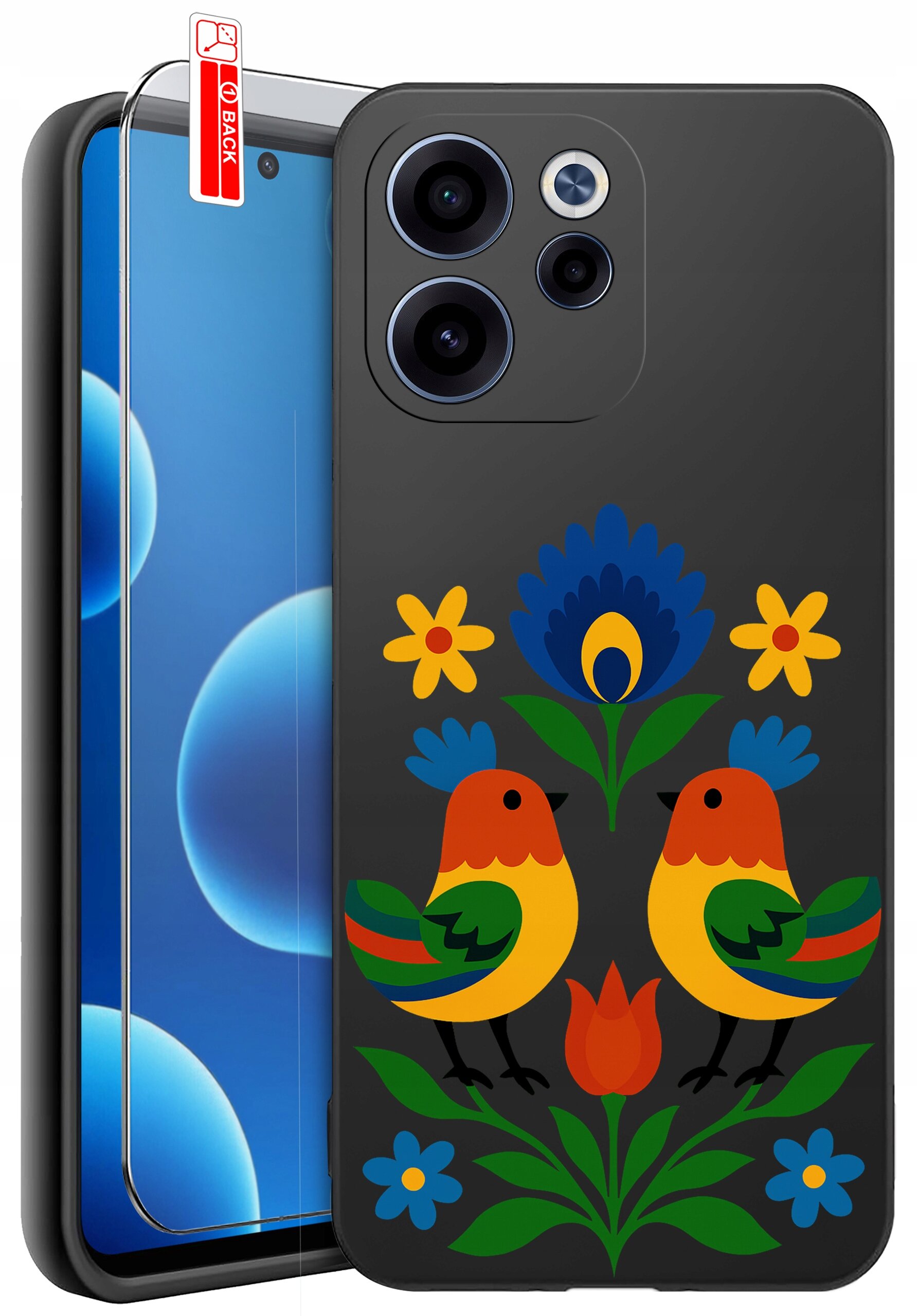 Czarne etui na telefon z kolorowym wzorem przedstawiającym dwa ptaki i kwiaty. Obok etui znajduje się szkło ochronne z oznaczeniem \'BACK\'.