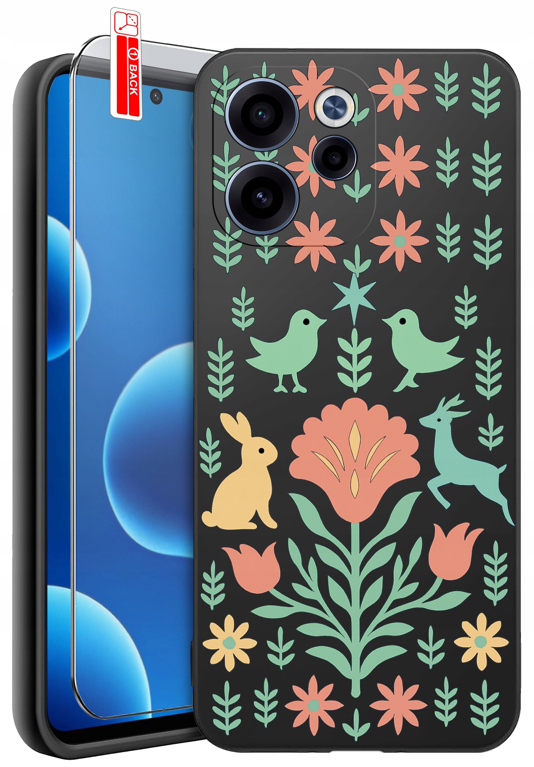 Etui na telefon z kolorowym wzorem przedstawiającym kwiaty, ptaki, królika i jelenia na ciemnym tle. Obok etui znajduje się szkło ochronne z napisem \'BACK\'.