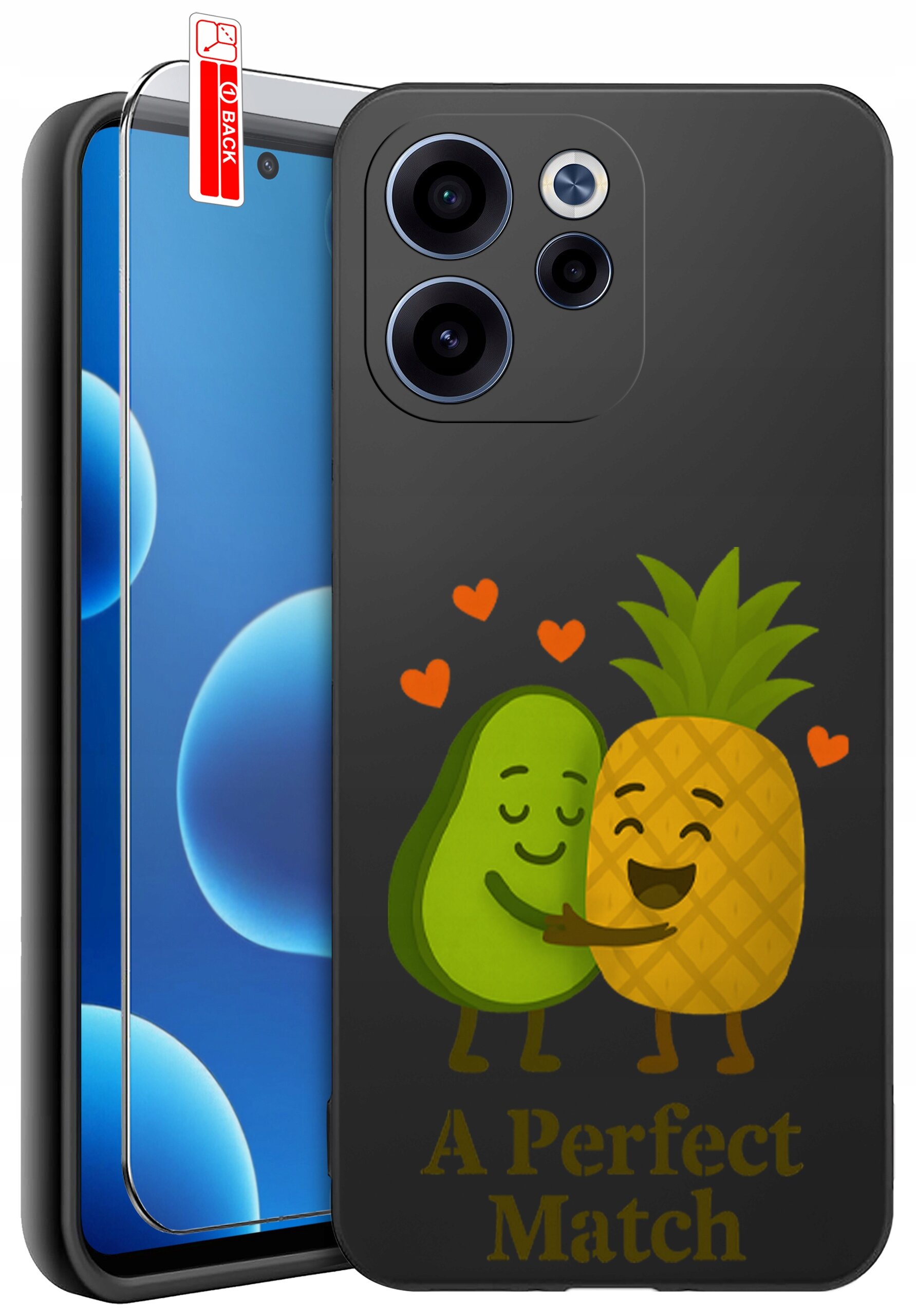 Etui na telefon z grafiką przedstawiającą uśmiechnięte awokado i ananasa z napisem \'A Perfect Match\'. Obok etui znajduje się szkło ochronne z oznaczeniem \'BACK\'.