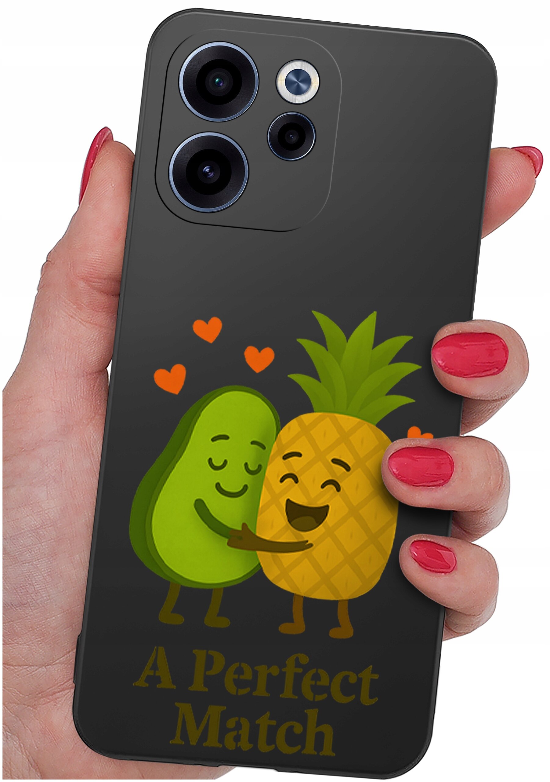 Czarna obudowa telefonu z grafiką przedstawiającą uśmiechnięte awokado i ananasa, otoczone pomarańczowymi serduszkami. Na dole widnieje napis \'A Perfect Match\'.
