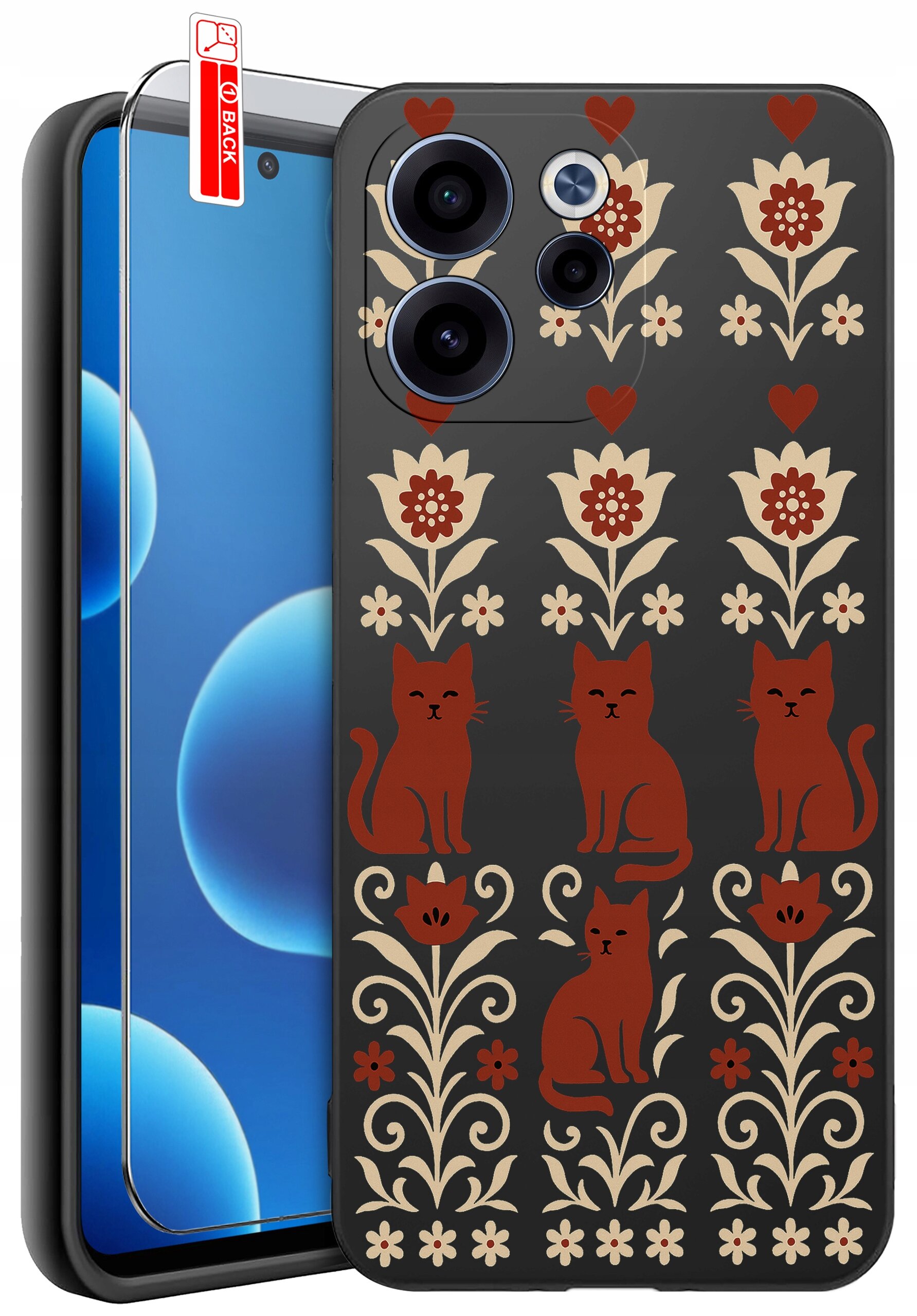 Etui na telefon z wzorem przedstawiającym czerwone koty i kwiaty na ciemnym tle. Obok znajduje się szkło ochronne z etykietą \'BACK\'.