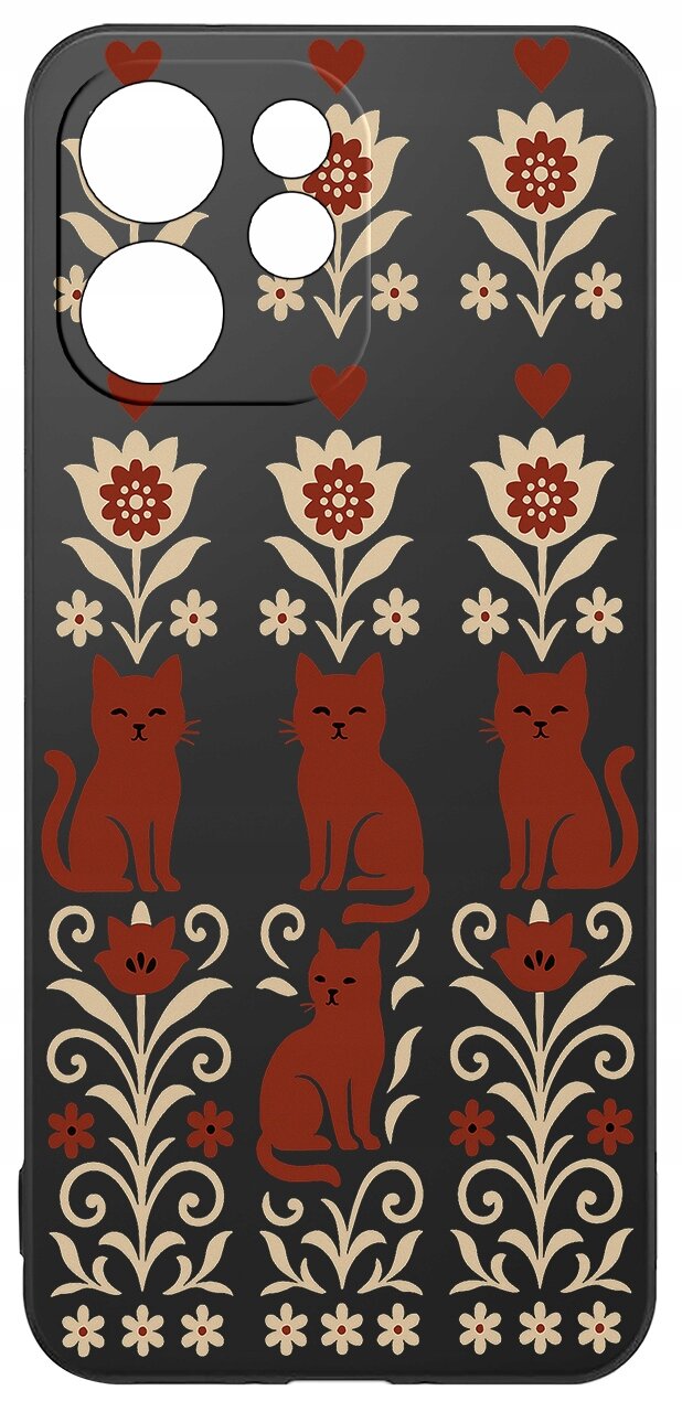 Etui na telefon z wzorem przedstawiającym czerwone koty i kwiaty na ciemnym tle. Wzór jest symetryczny i powtarzalny.
