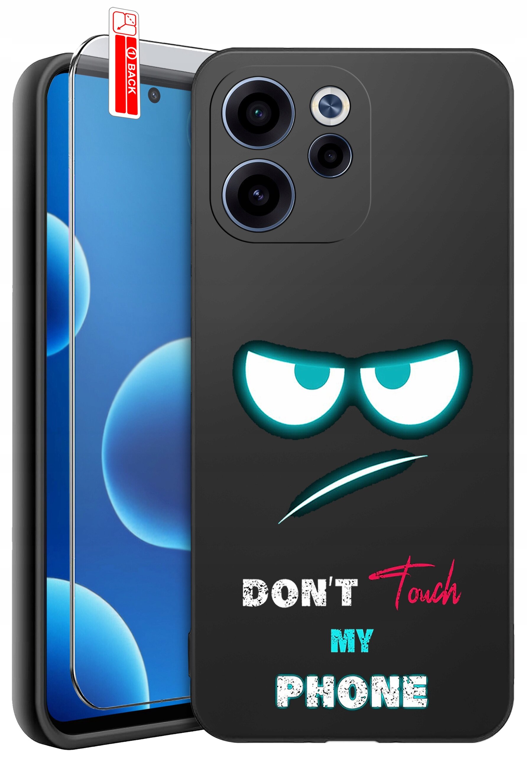 Czarne etui na telefon z nadrukiem oczu i napisem \'DON\'T Touch MY PHONE\'. Obok etui znajduje się szkło ochronne z oznaczeniem \'BACK\'.