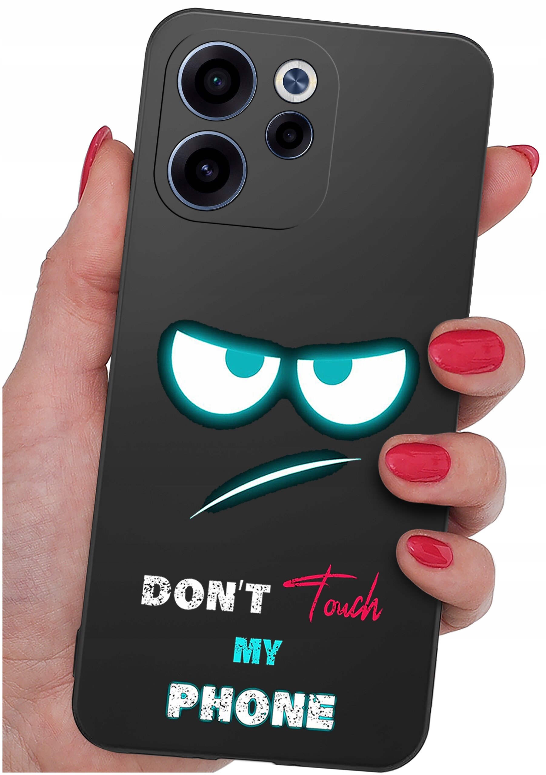 Czarna obudowa telefonu z nadrukiem przedstawiającym zarys oczu i ust oraz tekst \'DON\'T Touch MY PHONE\'. Obudowa jest trzymana w dłoni z pomalowanymi na czerwono paznokciami.