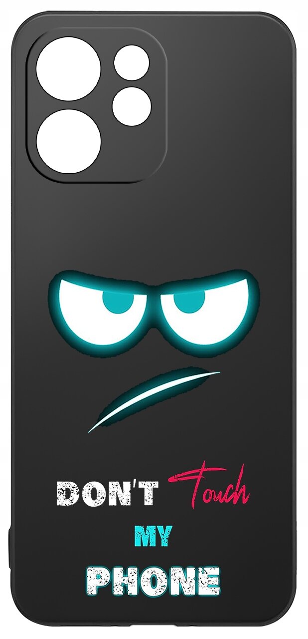 Czarne etui na telefon z wycięciami na aparat, ozdobione rysunkiem oczu i napisem \'DON\'T Touch MY PHONE\'.