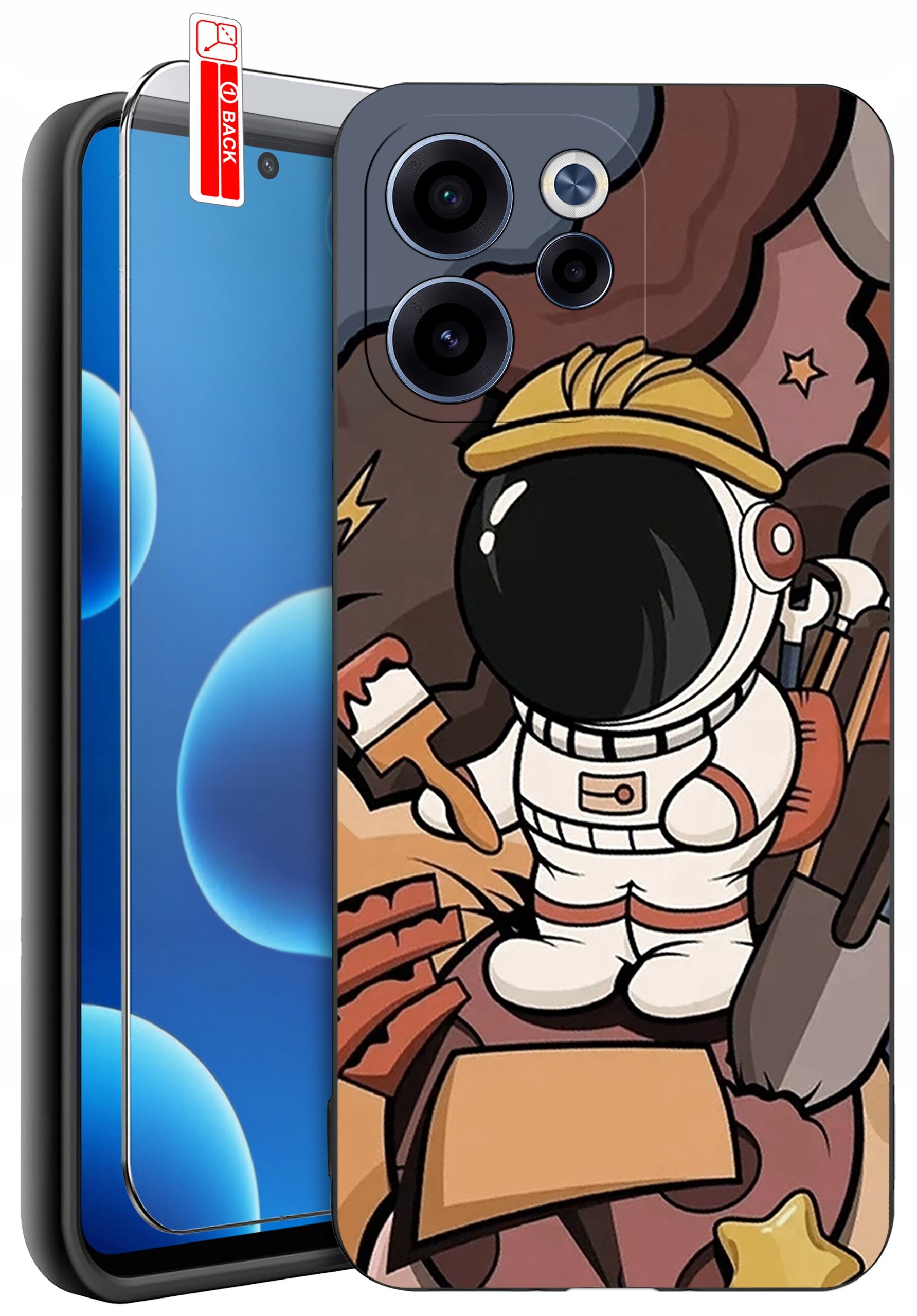 Etui na telefon z kolorowym wzorem przedstawiającym astronautę w kasku, trzymającego pędzel i łopatę. Obok etui znajduje się szkło ochronne z napisem \'BACK\'.
