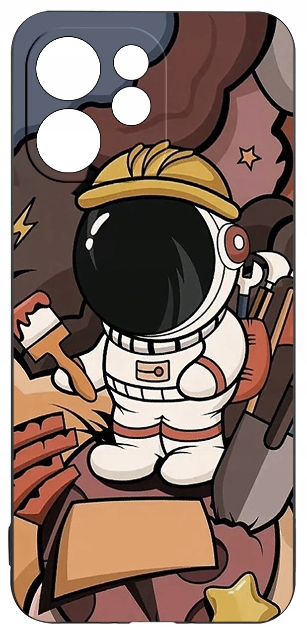 Etui z kolorowym wzorem przedstawiającym astronautę w kasku budowlanym, trzymającego pędzel i otoczonego narzędziami. W tle widoczne są abstrakcyjne kształty i gwiazdy.