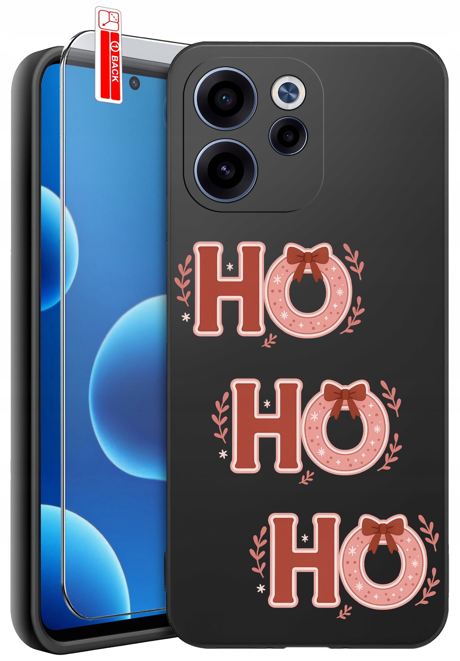 Czarne etui na telefon z trzema napisami \'HO HO HO\' ozdobionymi kokardkami i gałązkami. Obok etui znajduje się szkło ochronne z czerwoną naklejką \'BACK\'.