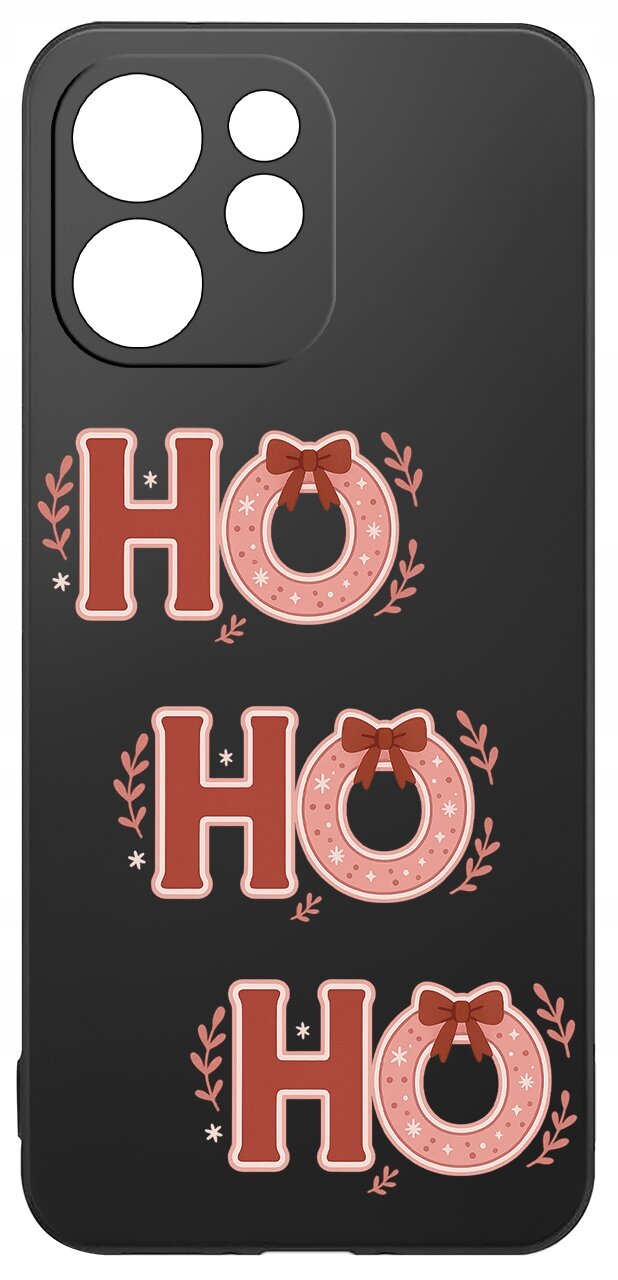Czarne etui z trzema napisami \'HO HO HO\' w czerwonym kolorze, ozdobionymi kokardkami i gałązkami.