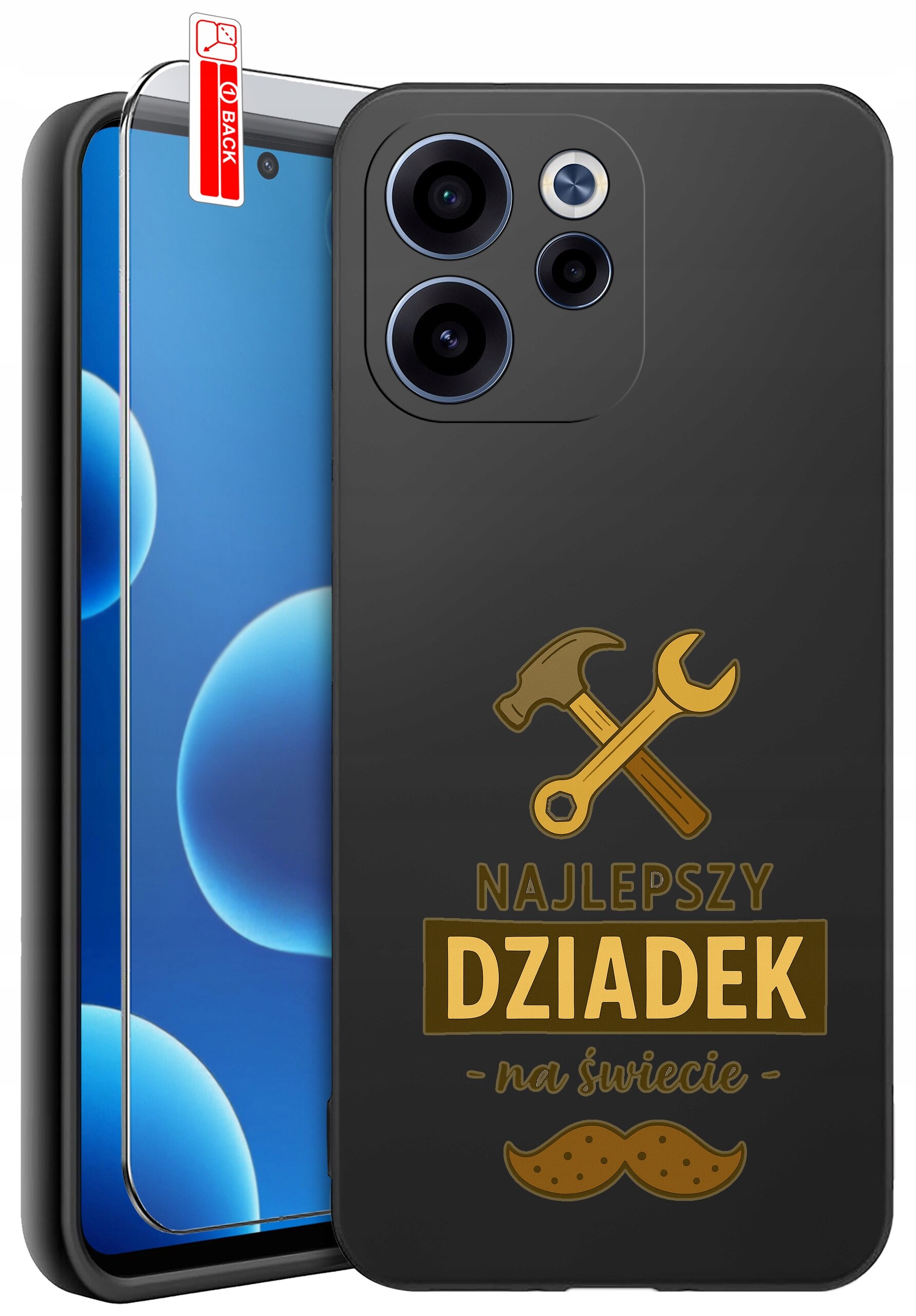 Czarne etui na telefon z nadrukiem młotka i klucza oraz napisem \'NAJLEPSZY DZIADEK na świecie\'. Obok etui znajduje się szkło ochronne z oznaczeniem \'BACK\'.