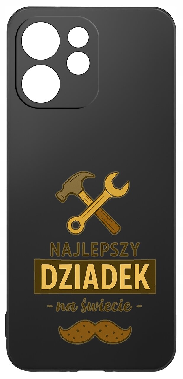Czarne etui z grafiką przedstawiającą skrzyżowane narzędzia: młotek i klucz, oraz napisem \'NAJLEPSZY DZIADEK na świecie\'.