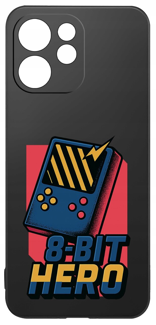 Czarne etui z grafiką przedstawiającą niebieską konsolę do gier z żółtymi i czerwonymi przyciskami oraz napisem \'8-BIT HERO\'.