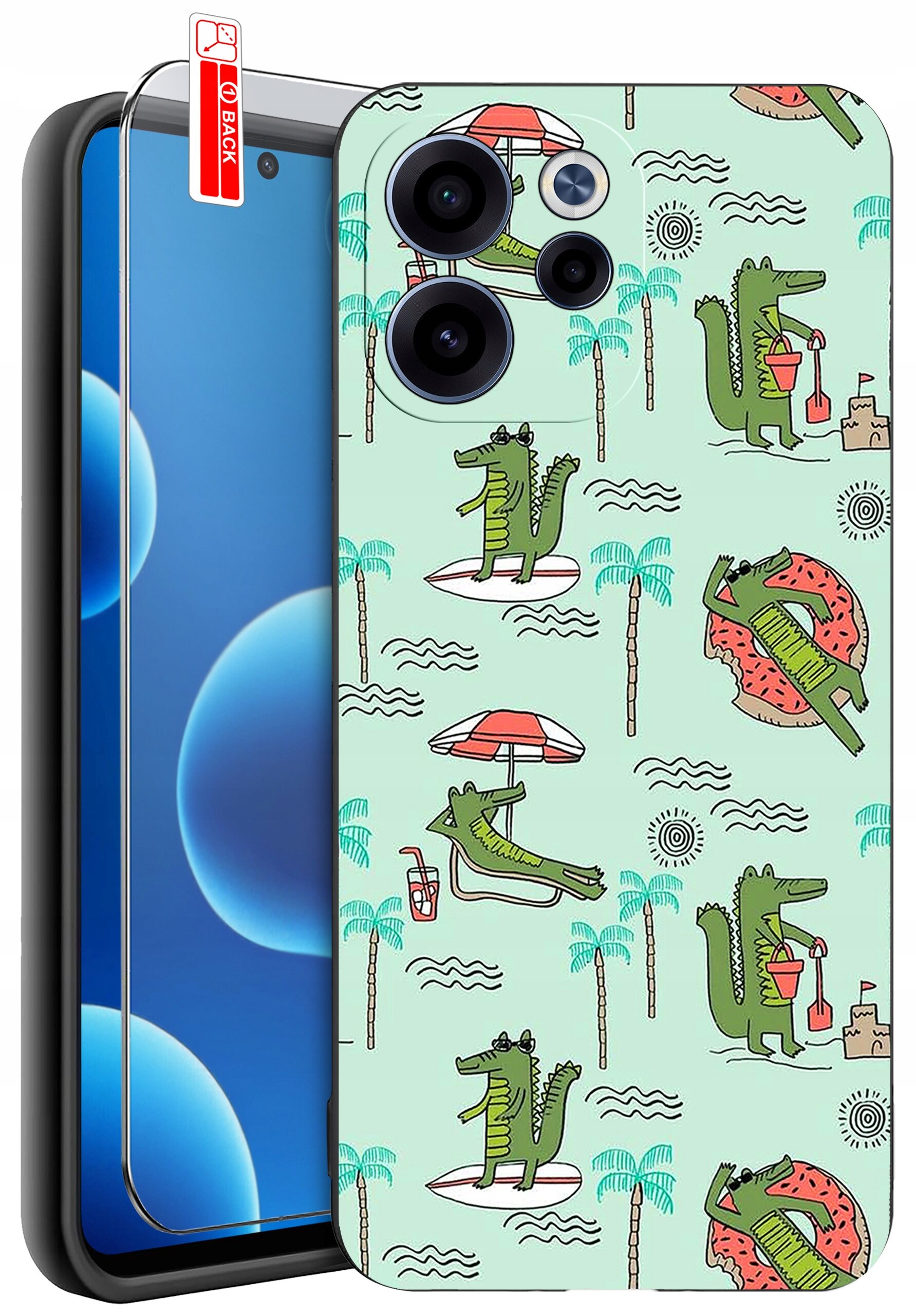 Etui na telefon z kolorowym wzorem przedstawiającym krokodyle w różnych wakacyjnych scenach, takich jak leżenie pod parasolem i pływanie na desce. Obok etui znajduje się szkło ochronne z oznaczeniem \'BACK\'.