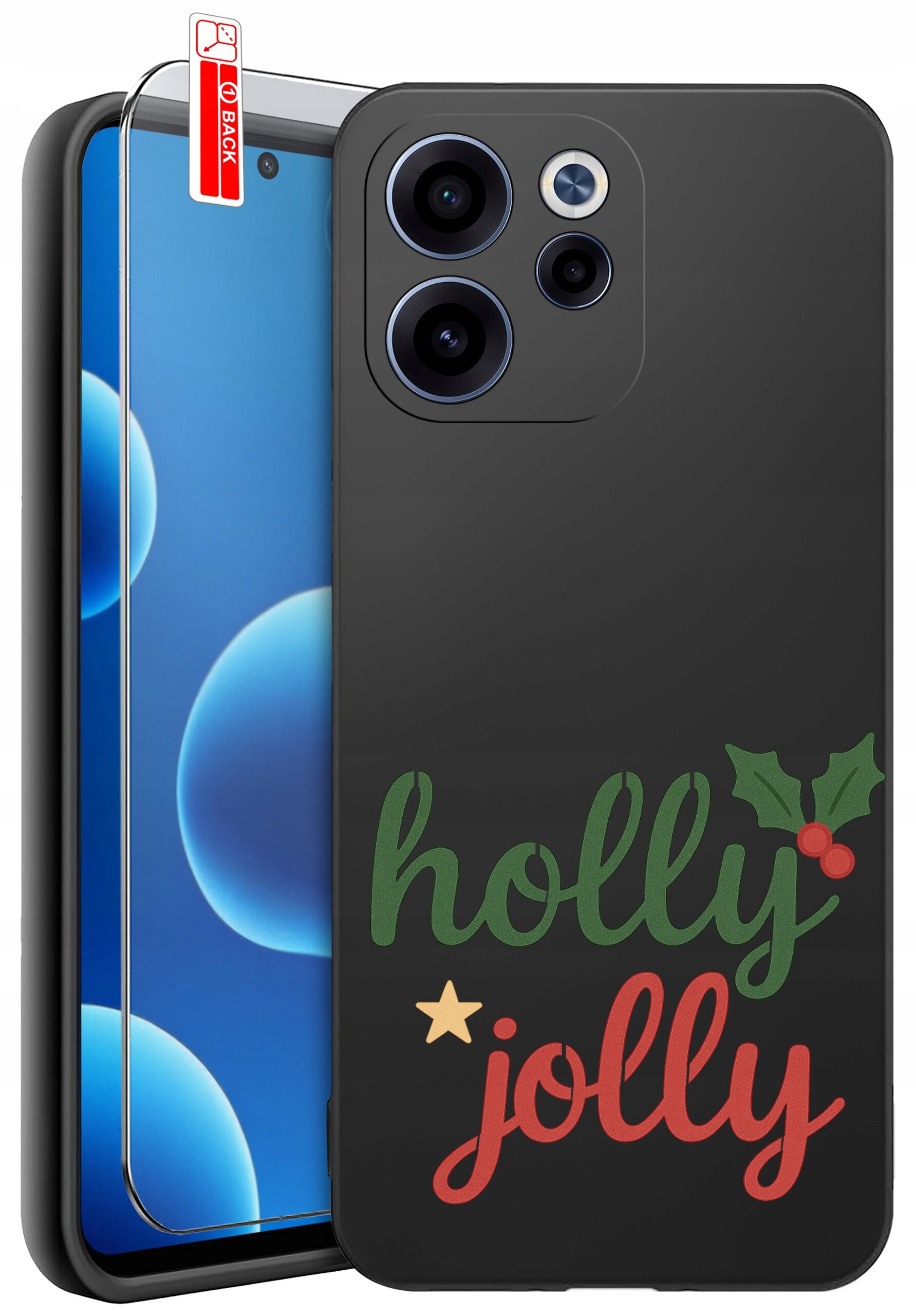 Czarne etui na telefon z napisem \'holly jolly\' oraz grafiką liści ostrokrzewu i czerwonych jagód. Obok etui znajduje się szkło ochronne z oznaczeniem \'BACK\'.
