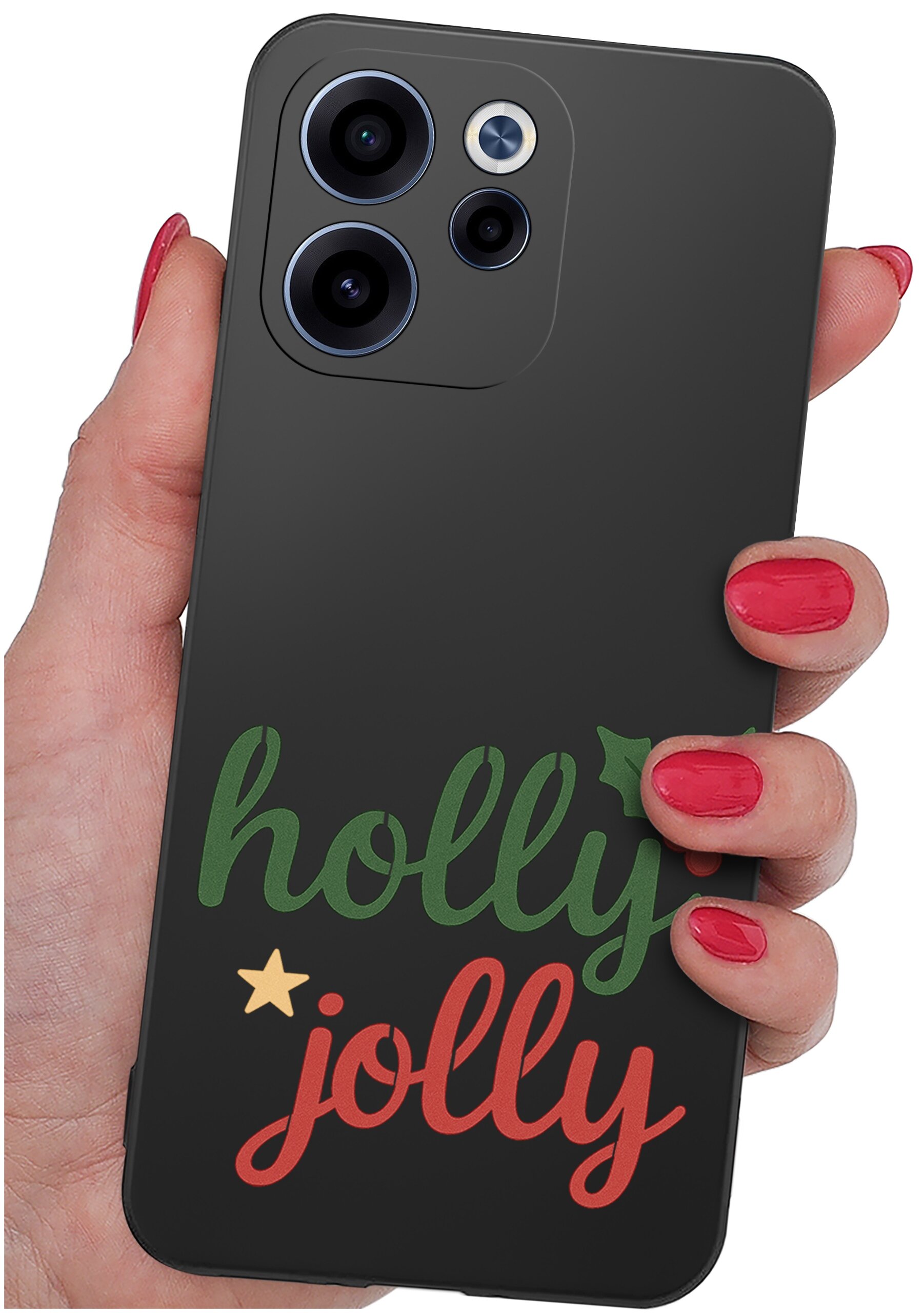 Czarna obudowa telefonu z trzema aparatami, trzymana w dłoni z czerwonym lakierem na paznokciach. Na obudowie widnieje napis \'holly jolly\' w kolorach zielonym i czerwonym oraz mała gwiazdka.