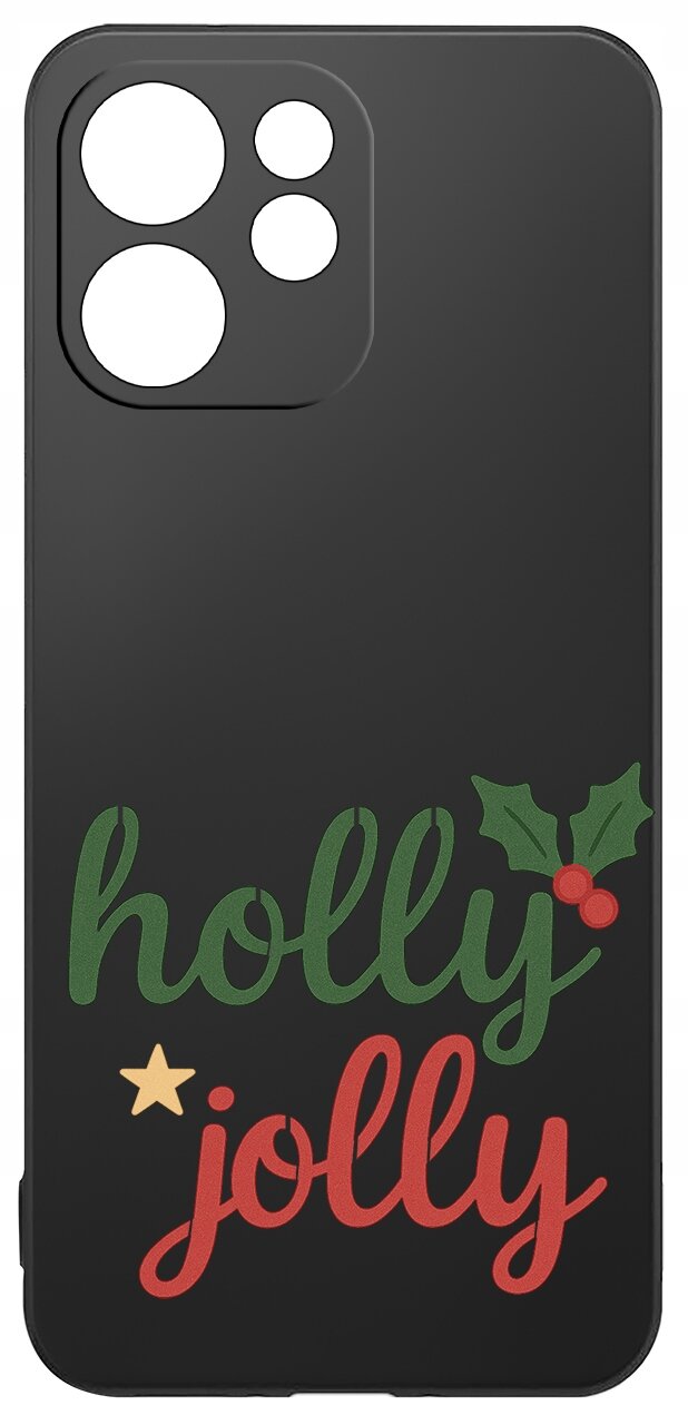 Czarne etui z napisem \'holly jolly\' w kolorach zielonym i czerwonym oraz grafiką liści ostrokrzewu z czerwonymi jagodami.
