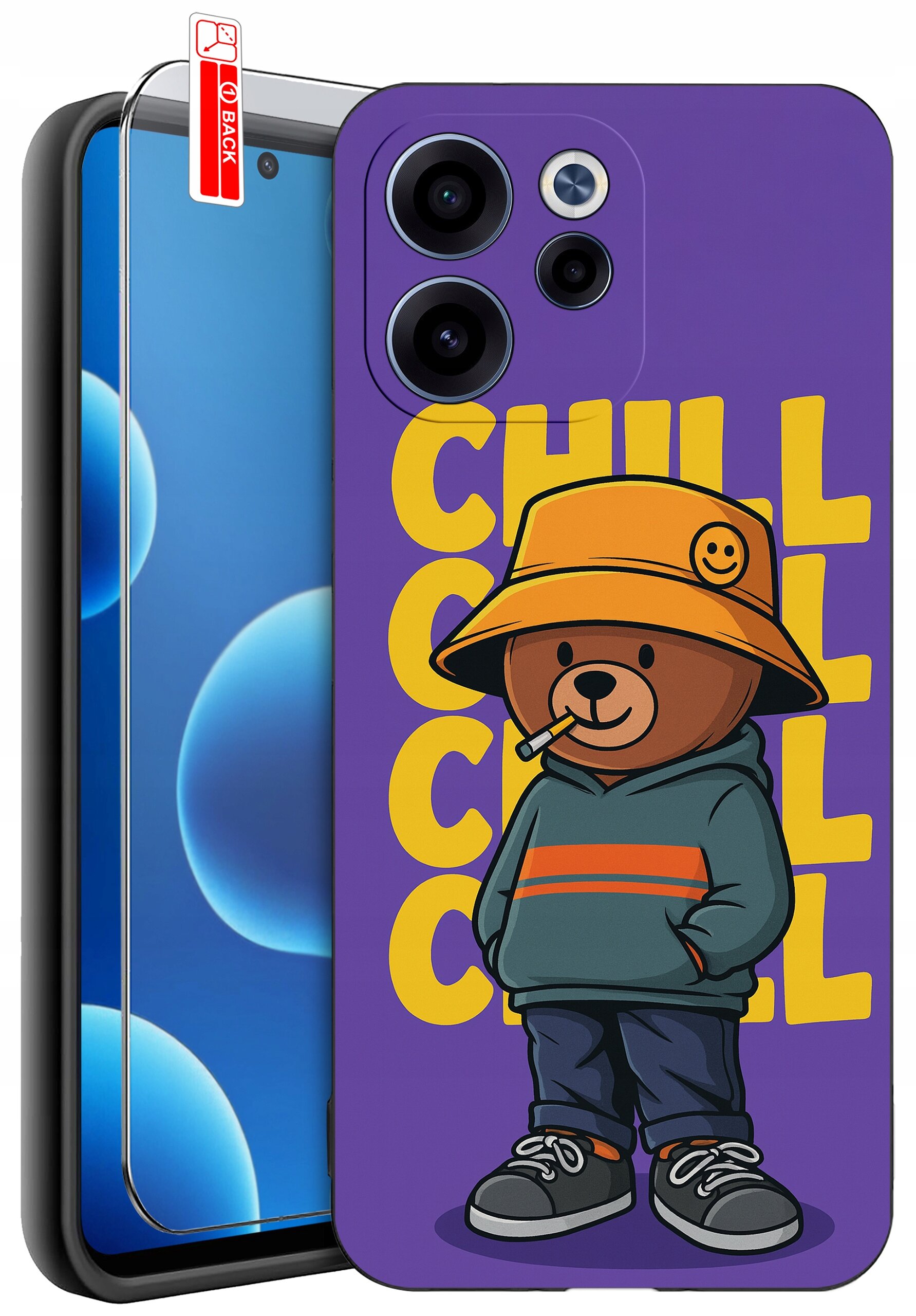 Etui na telefon z fioletowym tłem, przedstawiające misia w kapeluszu i bluzie, z napisem \'CHILL\' w tle. Obok znajduje się szkło ochronne z oznaczeniem \'BACK\'.