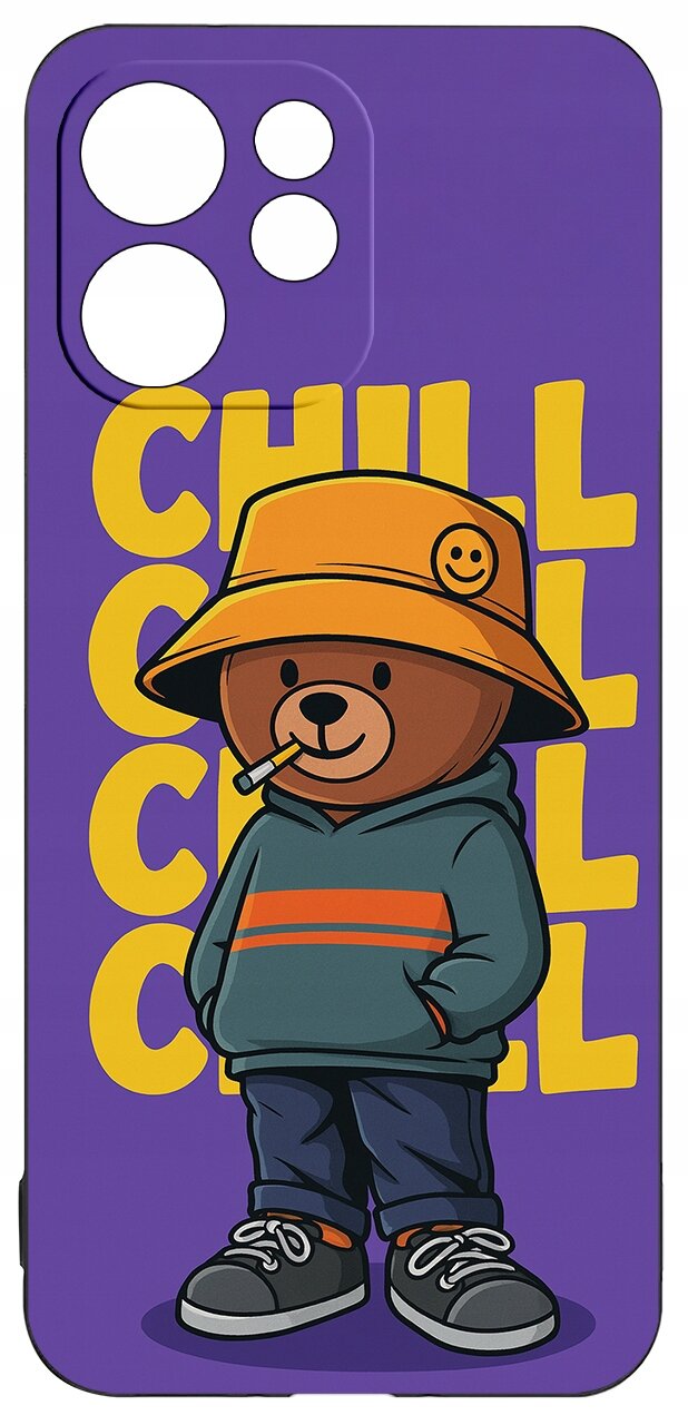 Fioletowe etui z nadrukiem misia w pomarańczowym kapeluszu i zielonej bluzie, na tle żółtego napisu \'CHILL\'.