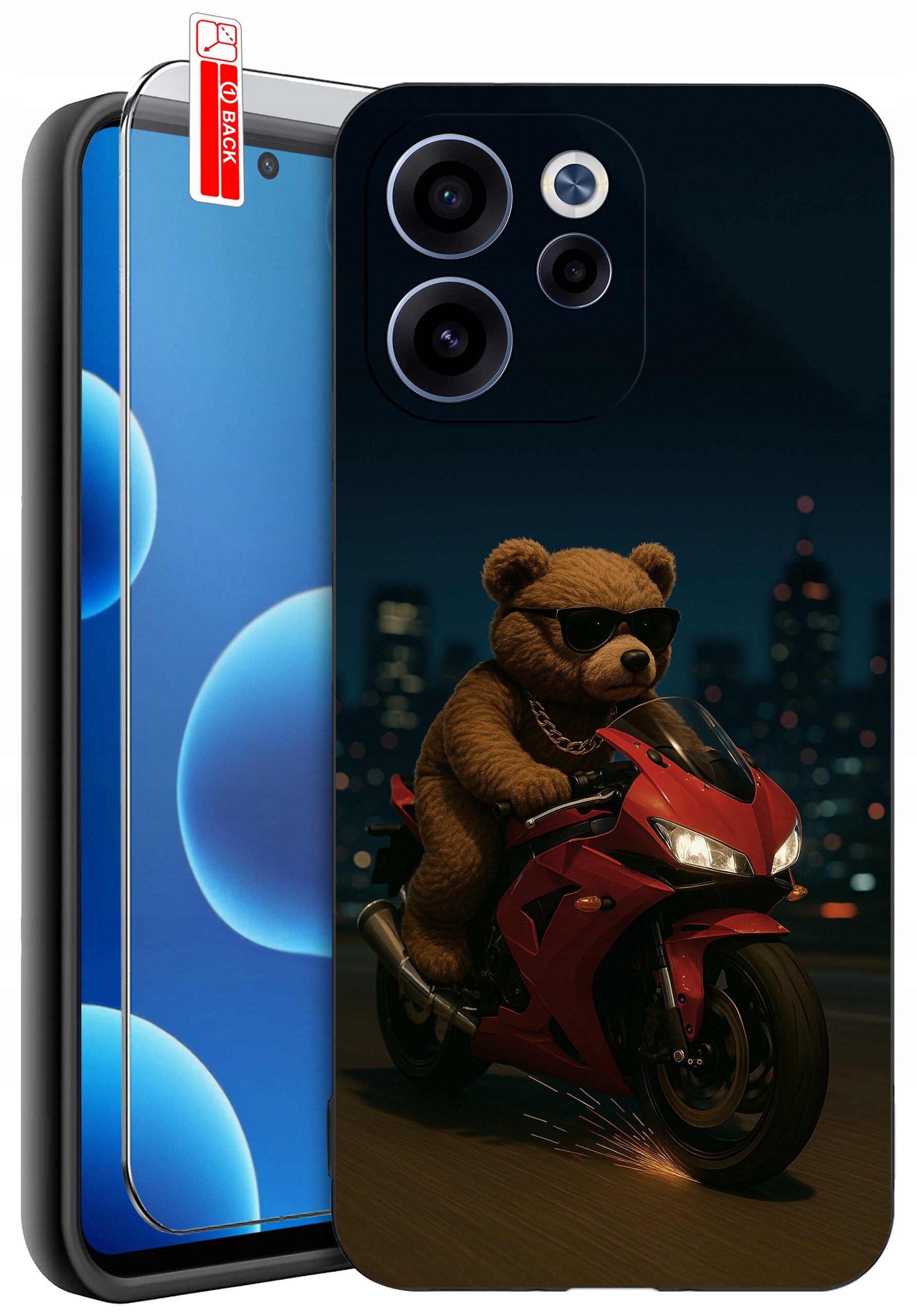 Etui na telefon z nadrukiem misia w okularach przeciwsłonecznych, jadącego na czerwonym motocyklu na tle nocnego miasta. Obok znajduje się szkło ochronne z napisem \'BACK\'.