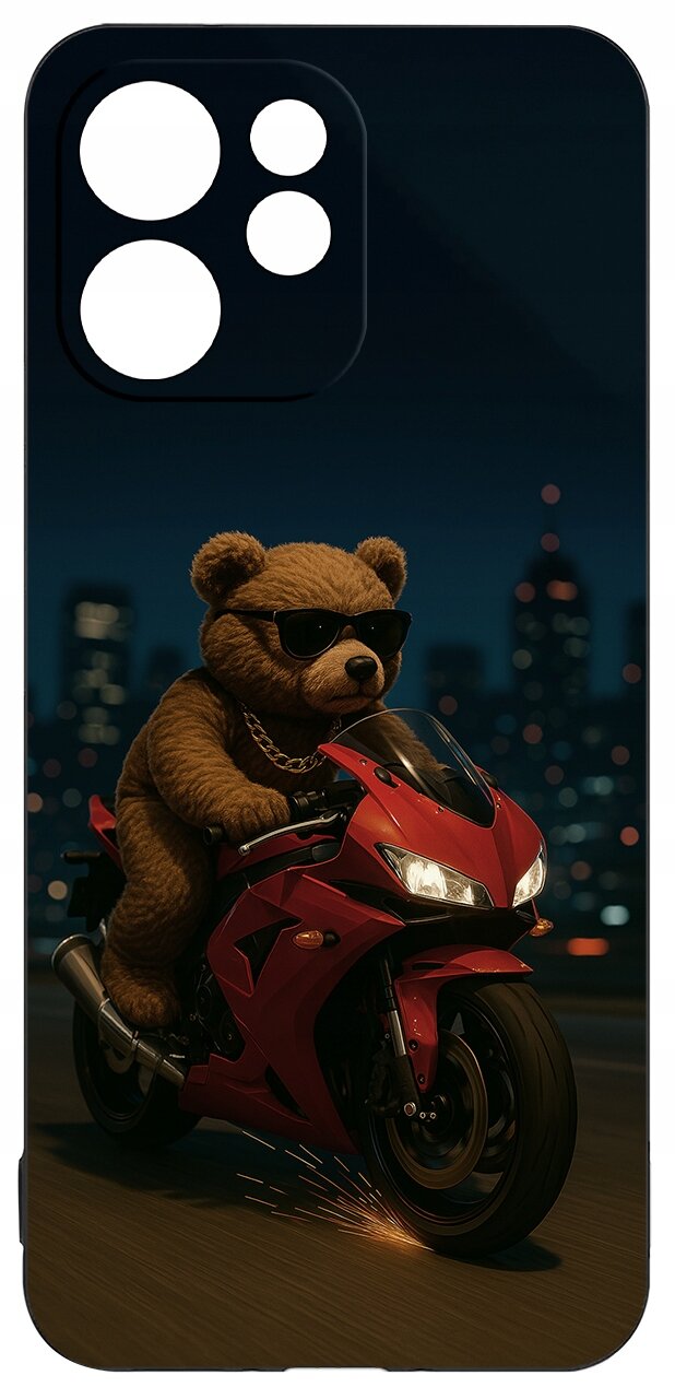Etui przedstawia misia w okularach przeciwsłonecznych jadącego na czerwonym motocyklu na tle nocnego miasta.