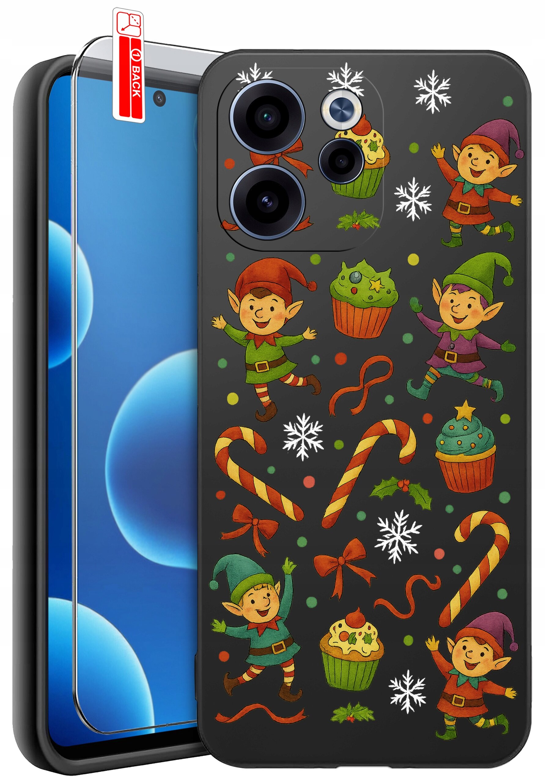 Etui na telefon z kolorowymi wzorami przedstawiającymi elfy, cukierki, babeczki i śnieżynki. Obok etui znajduje się szkło ochronne z napisem \'BACK\'.